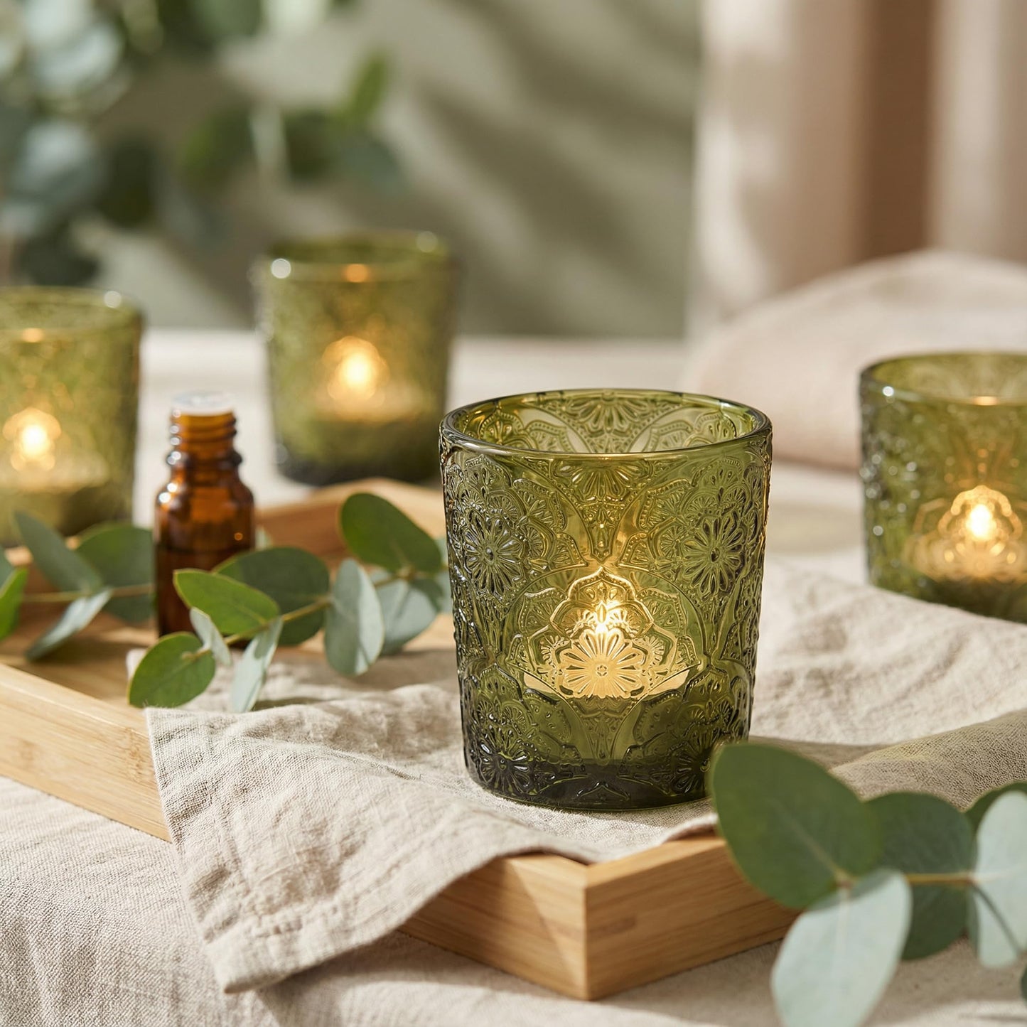 6 Pack Mandala Embossed Glass Candle Holders – Votive Tealight Holders with Patent Design, Decorative Embossed Glass Cups for Wedding Centerpieces, Parties, and Home Décor (Moss Green)