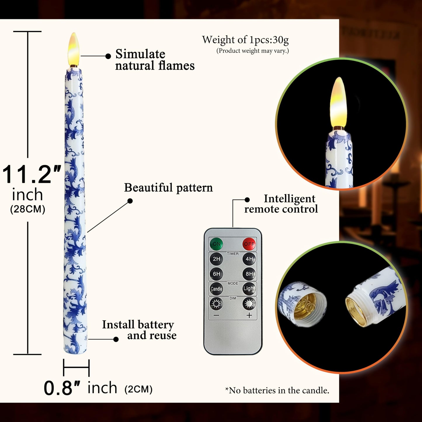 FCMSHAMD 6PCS Blue and White Porcelain Flameless Taper Candles, 11 Inch LED Candlesticks Battery Operated with 11-Key Remote and Timer, 3D Flickering Flame Lights for Wedding Party Home Decor Gifts