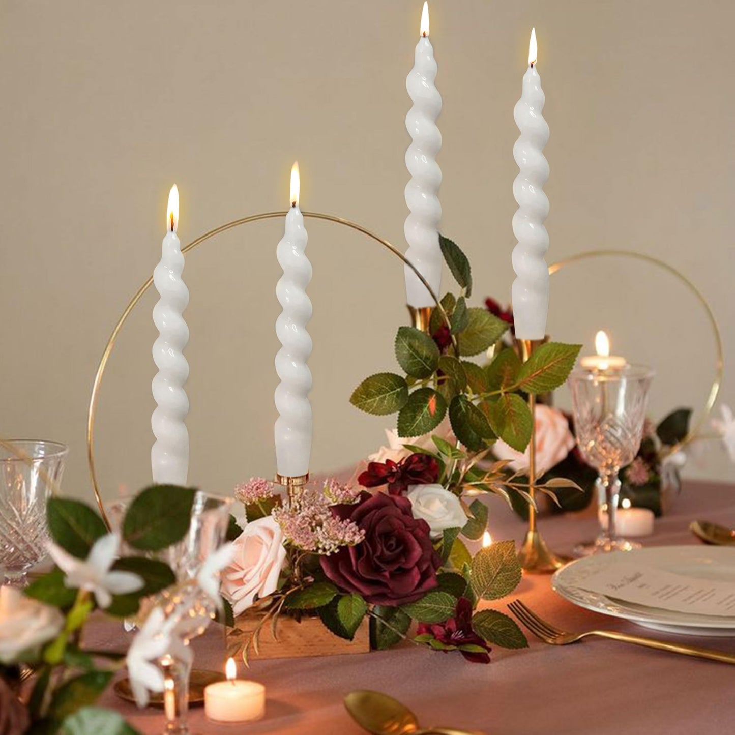 NJAO HOO 7.5 Inch Spiral Candlesticks White Taper Candle Short Tapered Candles Twisted Taper Candles Spring Candlesticks for Dinner Table Home Decor Party Wedding 2 Pcs