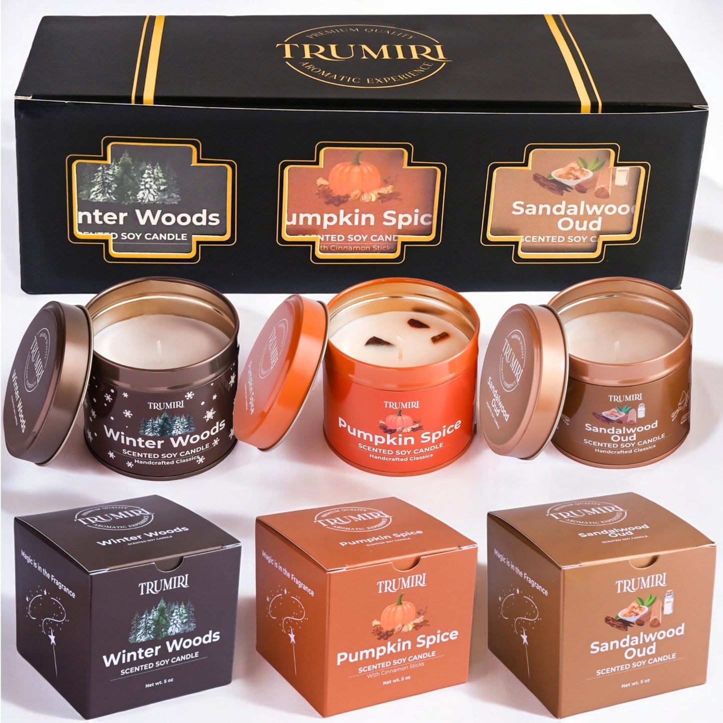 Winter Woods, Pumpkin Spice, Sandalwood Oud - Soy Candles Non Toxic - Highly Scented Long Lasting with Essential Oils - Variety Pack of 3 x 5oz - for Home Aromatherapy Meditation Gift Travel