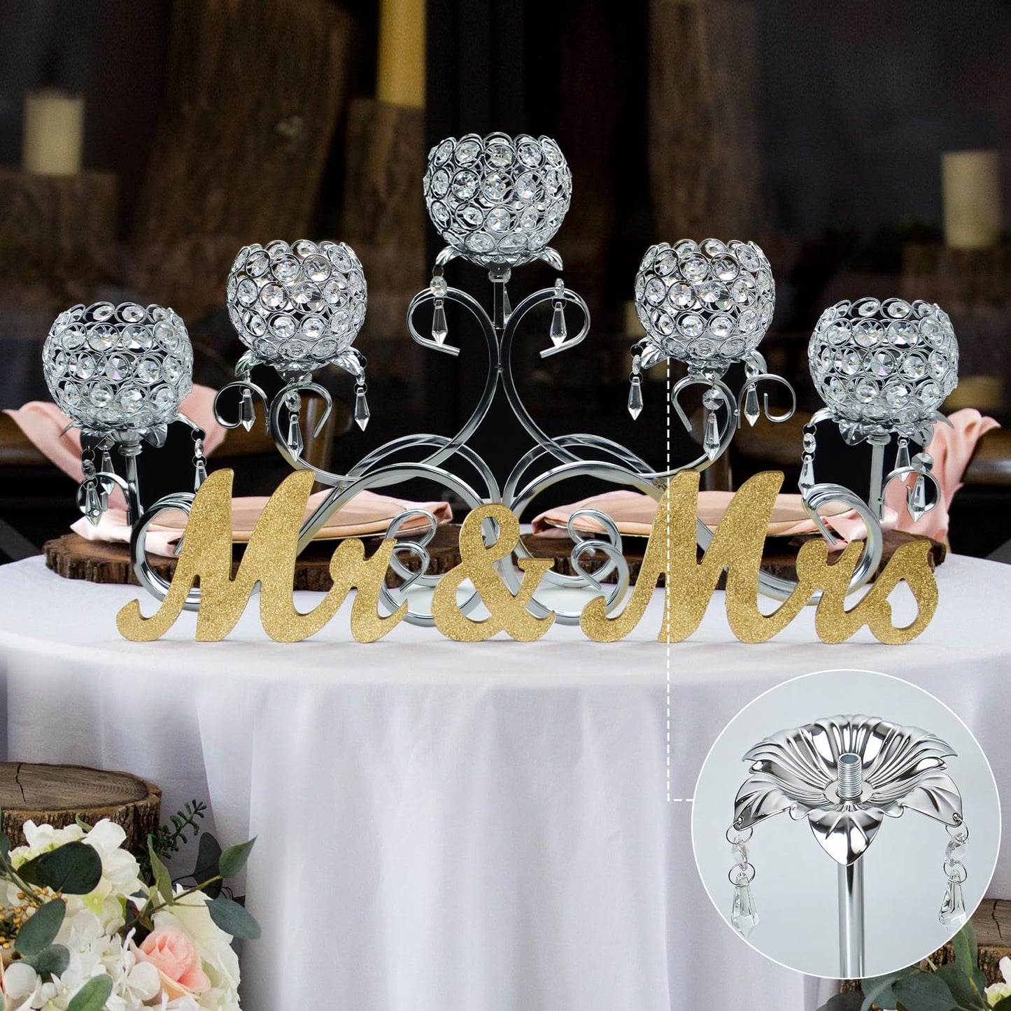 5 Pcs Metal Flower Candle Holder Leaves, 4.3 Inch Metal Candle Stand Accessories with 3 Hanging Holes for Crystal Pendants, Suitable for Candlesticks and Candelabra (Silver, 3.9"-5pcs)
