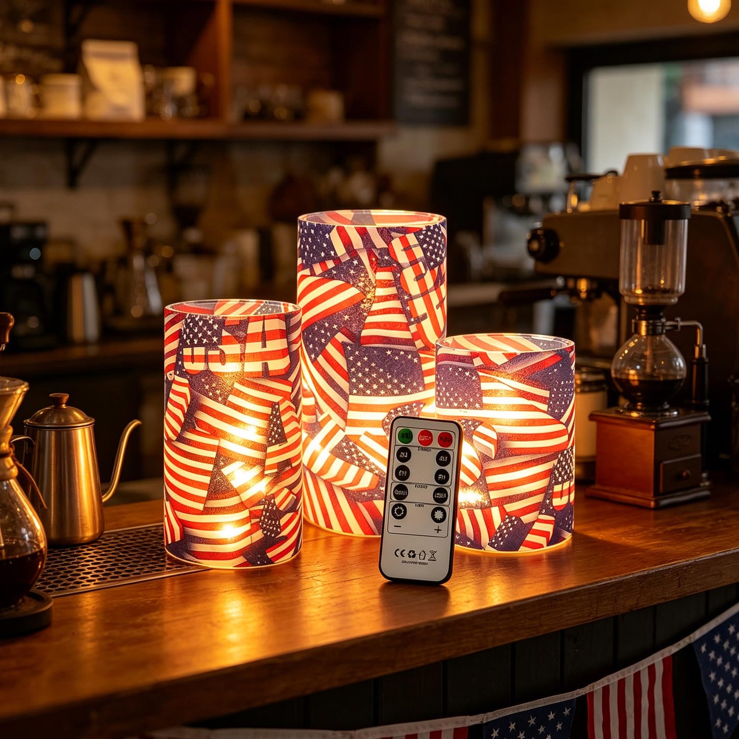 Independence Day Patriot Flickering Flameless Candles US Flag, Embedded Star String Lights, Battery Operated Acrylic LED Pillar Candles with 11-Key Remote and Timer for Home Decoration, 3 Pack