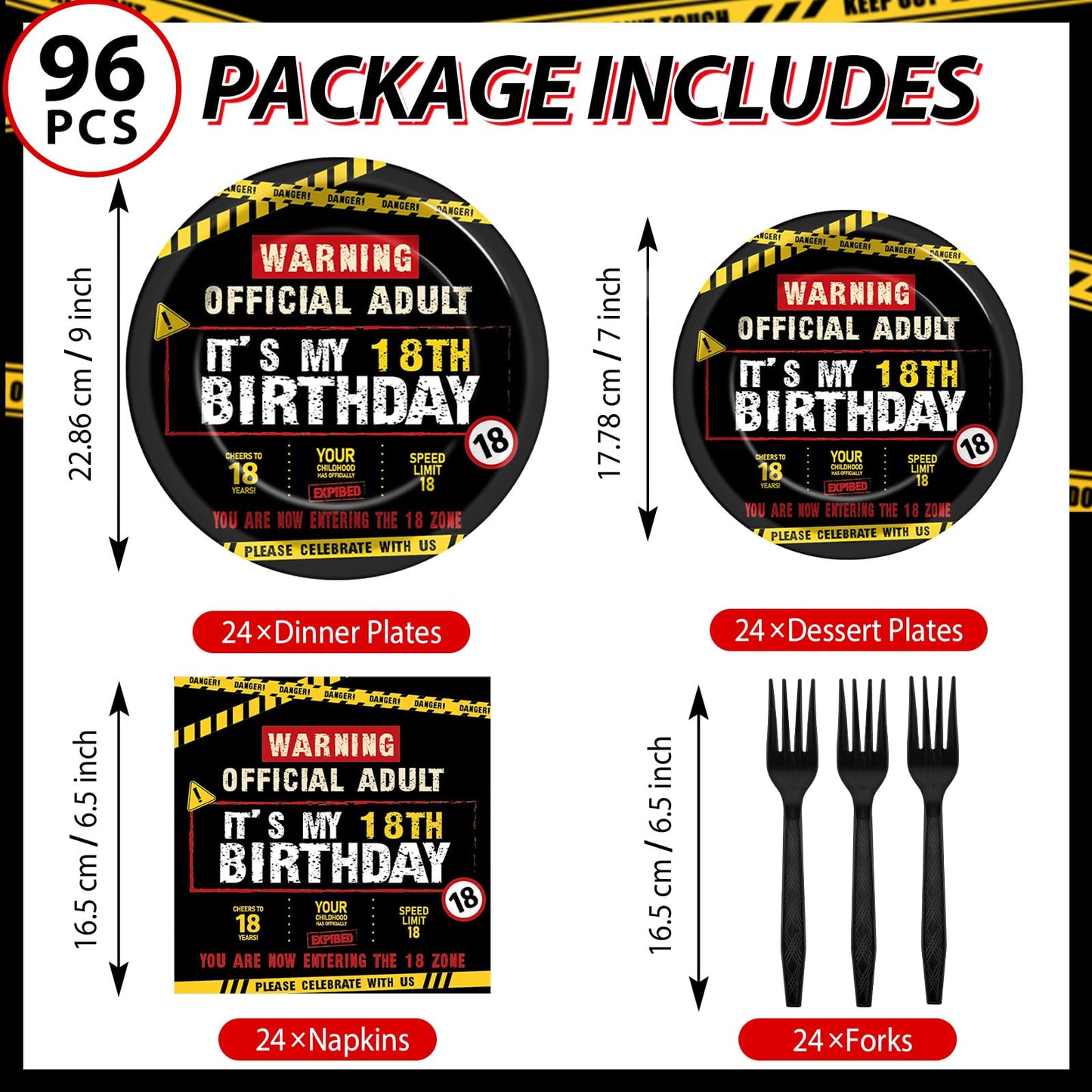 96 PCS Caution Logos 18th Birthday Party Paper Plates and Napkins 18 Years Old Party Decoration Warning Themed Official Adult 18th Dinnerware for Boys Girls 18 Year Old Birthday Gatherings Decorations