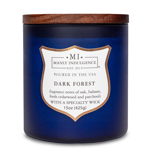 Manly Indulgence Dark Forest Scented Jar Candle for Men, Wood Wicked Candle, 15 oz - Oak, Balsam, Fresh Cedarwood & Patchouli - Up to 60 Hours Burn, Soy Blend Wax, USA Poured, Navy Blue