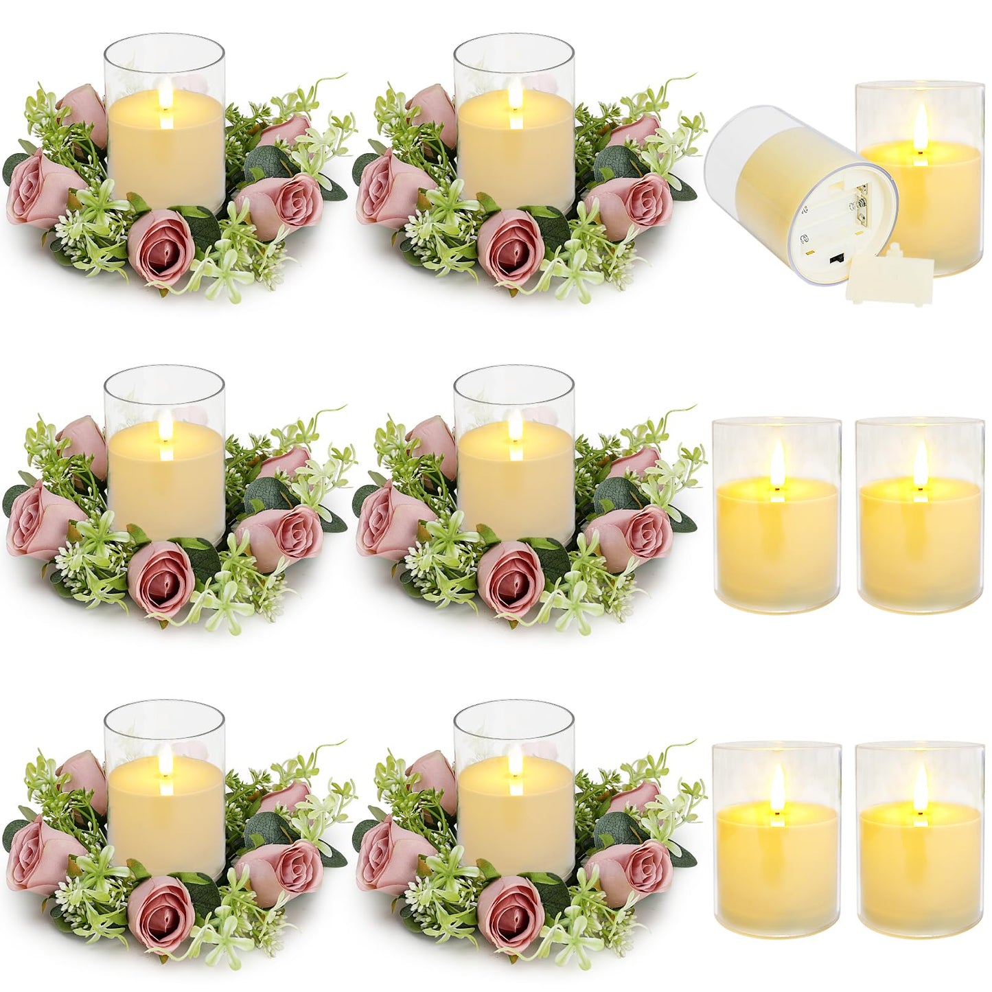 Tobilu 12 PCS Roses Candle Rings Wreaths - 3 Inch Artificial Floral Rings with LED Flameless Candles Eucalyptus Leaves for Spring Banquet Table Centerpieces Home Wedding Party, Dusty Pink