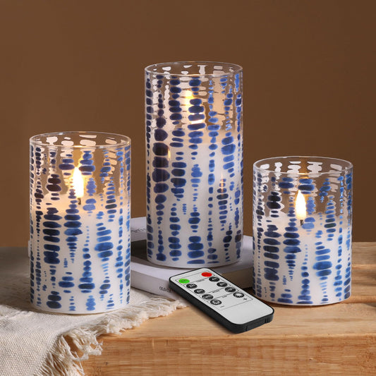 Eywamage Blue Dots Flameless Candles in Glass Jars, Flickering Battery LED Pillar Candles with Remote Set of 3