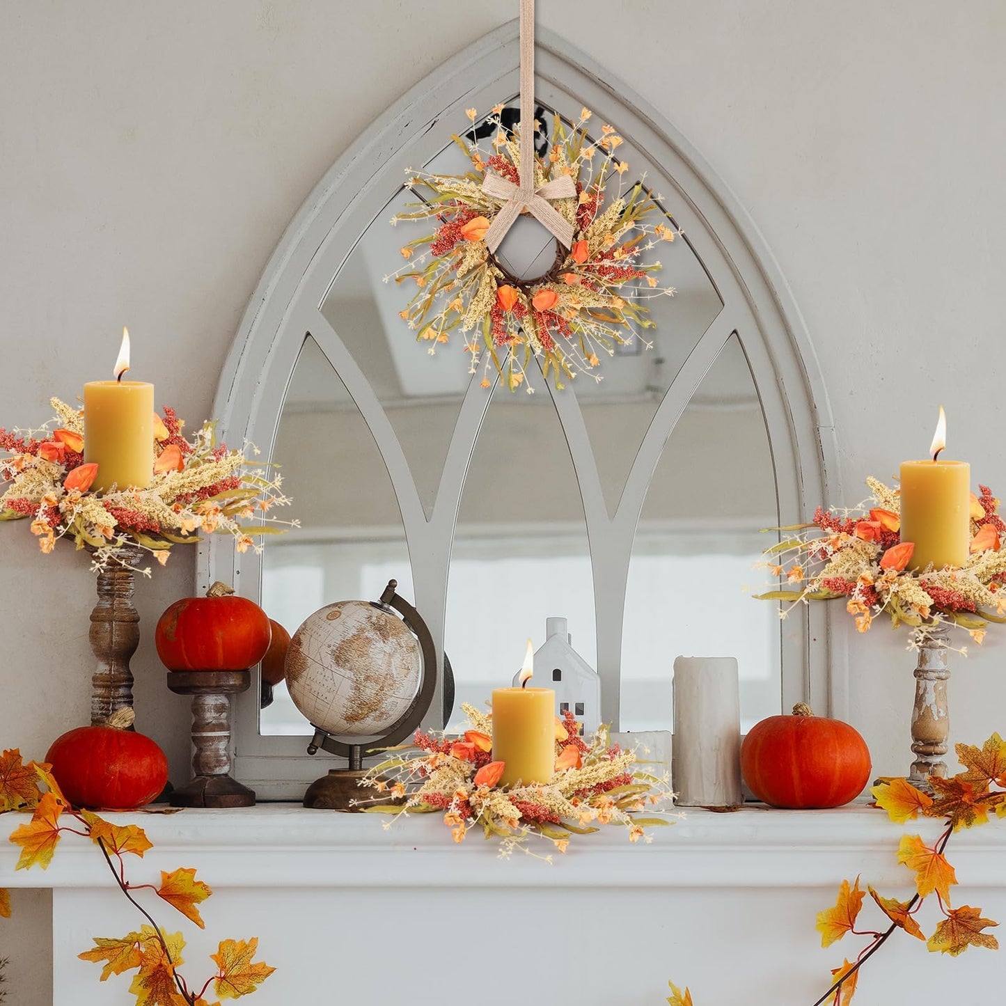 6 Pcs Fall Candle Rings 9 inch Thanksgiving Autumn Wreaths with Flowers for Tables Artificial Farmhouse Candle Rings Wreath for Front Door Porch Wall Window Decorations