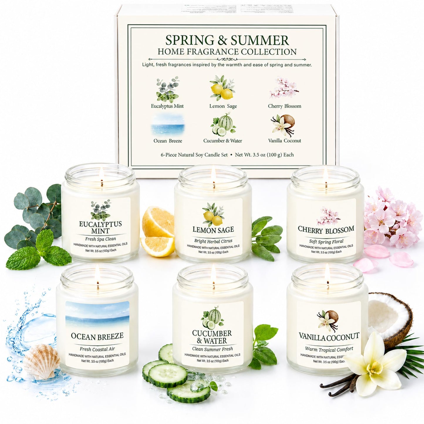 Spring & Summer Scented Candles Set, 6 Pack Soy Candles for Home, 21 oz Aromatherapy Candle Gift Set for Women, Mom, Birthday & Housewarming Gifts, Eucalyptus Mint & Vanilla Coconut