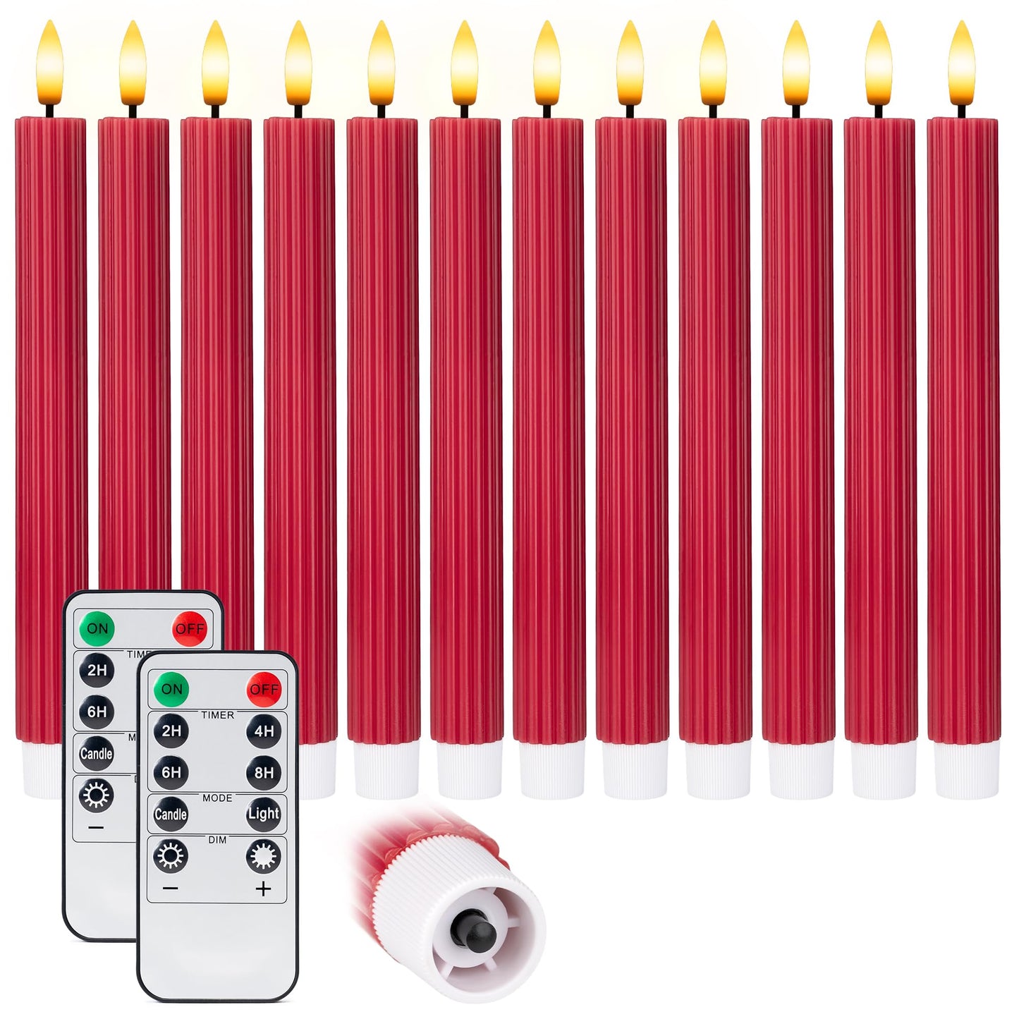 West Ivory 12 Pack, 10" LED Flameless Red Fluted Ribbed Grooved Taper Candles, Remote & 24h Timer Memory, On/Off Button, Dimmable, Flicker Mode, Battery Operated, Christmas Menorah Wedding