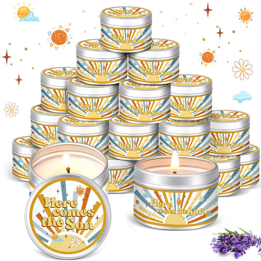 MTLEE 24 Pcs Here Comes The Son Baby Shower Party Favors Candles Lavender Scented Baby Shower Favors for Guests Rustic Tealights Candles Gender Reveal Return Gifts (1.2 oz, Yellow)