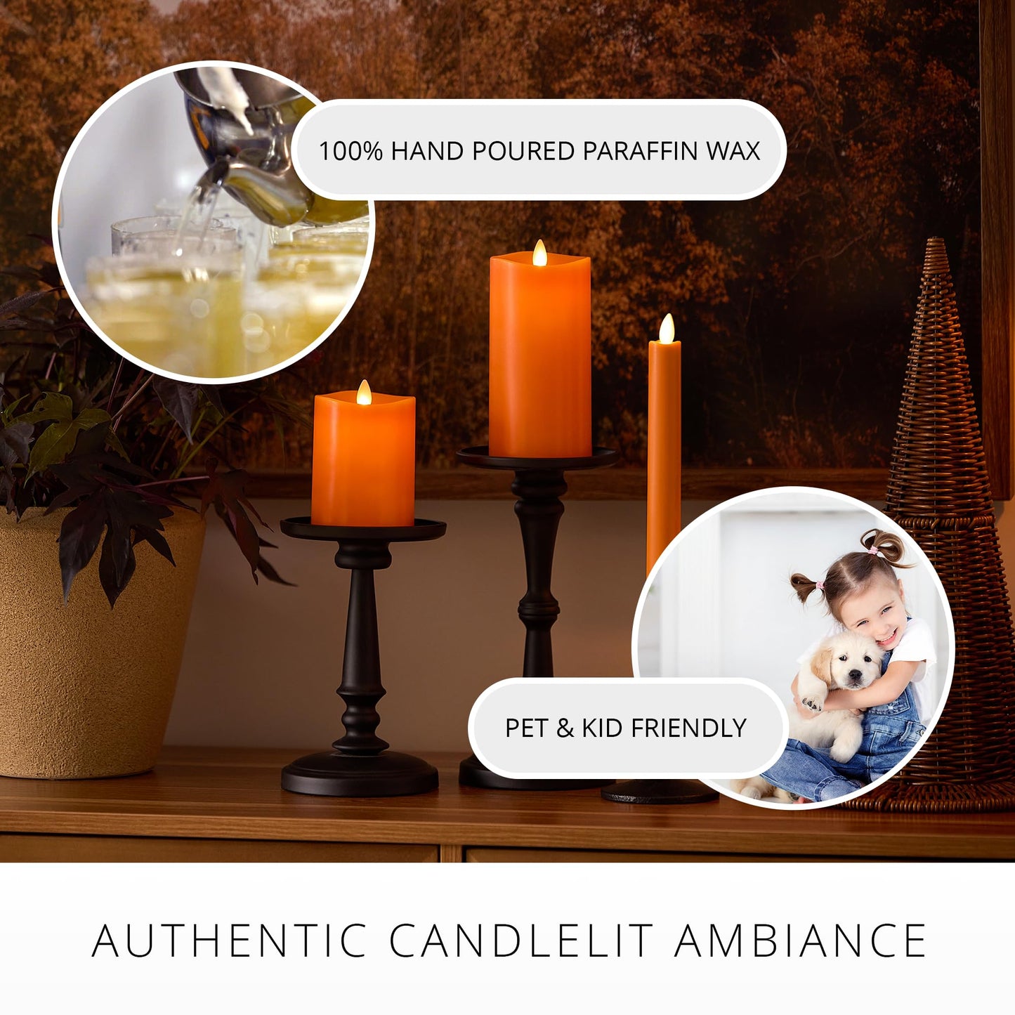 Luminara Flickering Flameless LED Candle, Battery Operated with Timer Function, Russet Orange Pillar 3 x 6.5 Inch, Real Wax Unscented Fall Home Indoor Decor, Remote Ready (Sold Separately), Melted Top