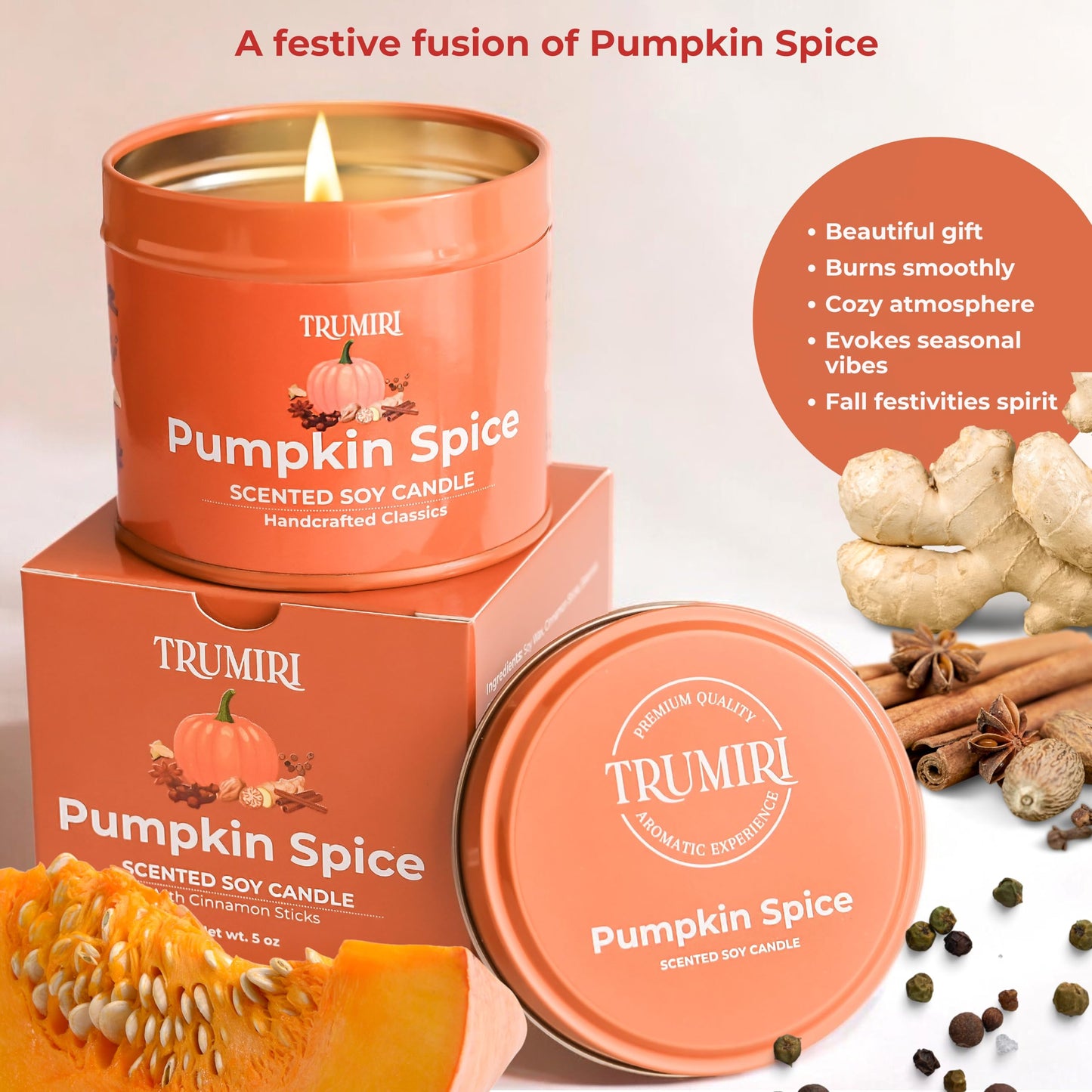 Pumpkin Spice - Cinnamon Soy Candles for Home Scented - for Fall Halloween Thanksgiving Holidays - 5oz Natural Clean Non Toxic Long Lasting Highly Scented Pet Safe Luxury Tin with Essential Oils