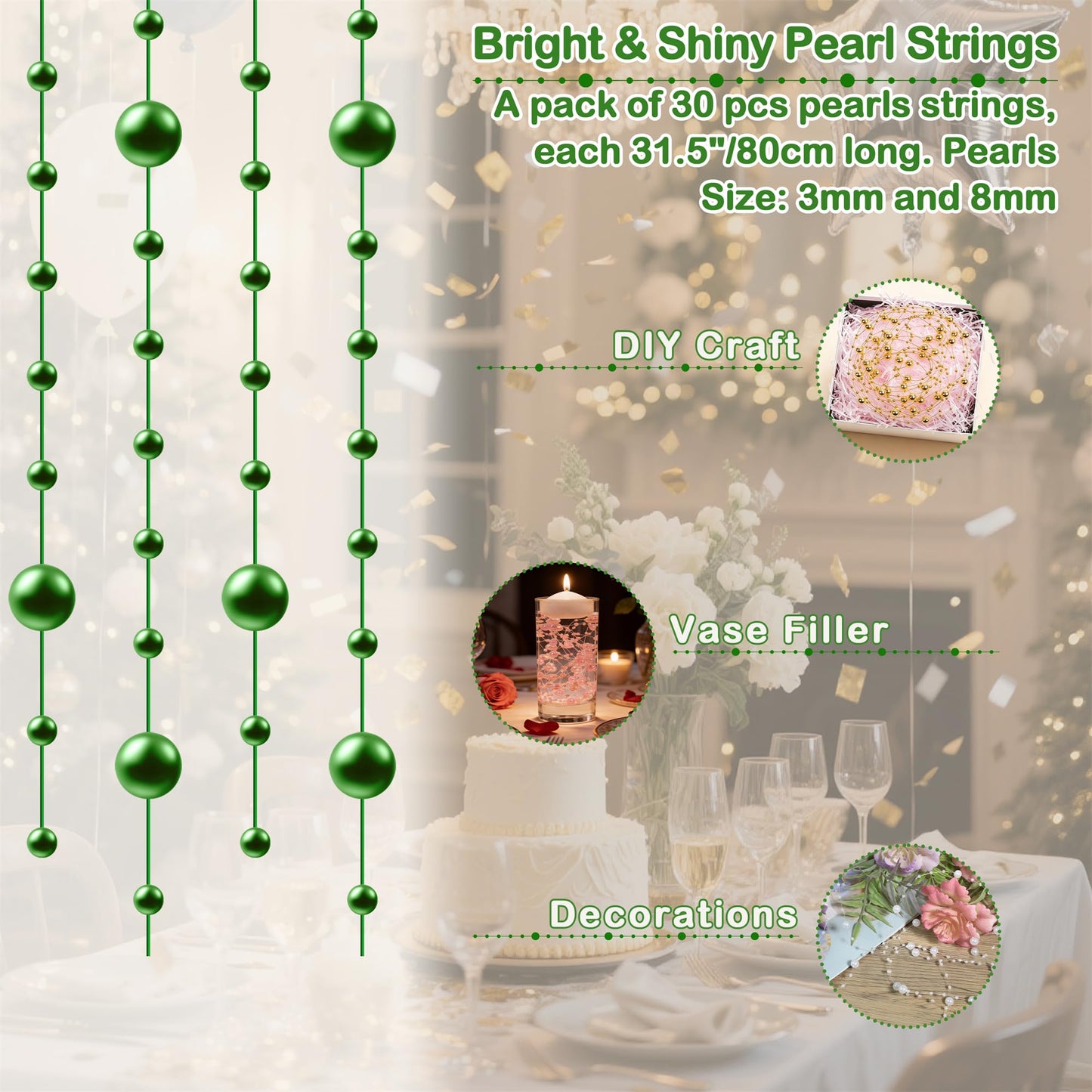 YATOJUZI 30 PCS Artificial Pearl String Green Vase Filler Floating Pearls for Vases Centerpieces Faux Pearl Beads String Decorations Wedding Holiday Party Decor