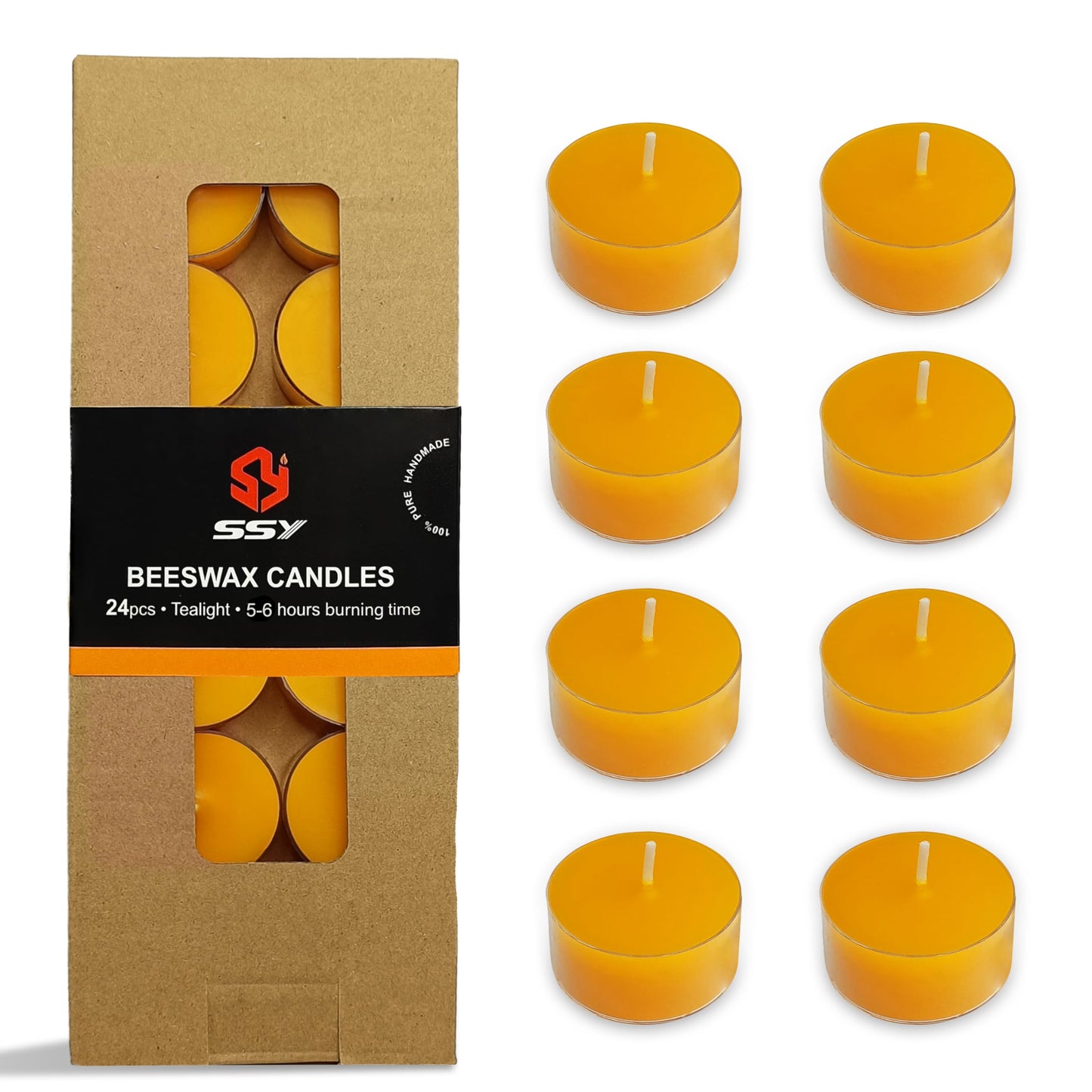 Round Shape Beeswax Tealight Candles, 24 Pack Handmade Natural Beeswax Tea Light Candles Set, Clear Cup Yellow Bees Wax Tealight 6 Hour Burn Time for Home Decor, Shabbat, Wedding, Emergency