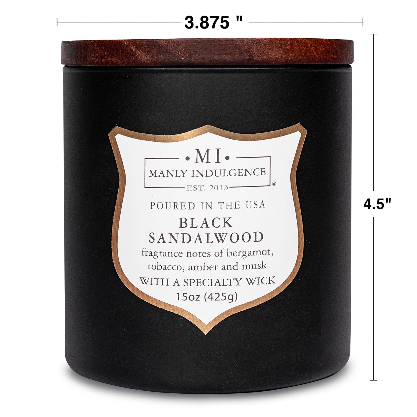Manly Indulgence Black Sandalwood Scented Candle for Men 15 oz – Bergamot, Tobacco, Amber & Musk - Wood Wick - Up to 60 Hours Burn - Soy Blend Wax, USA Poured – Signature Collection