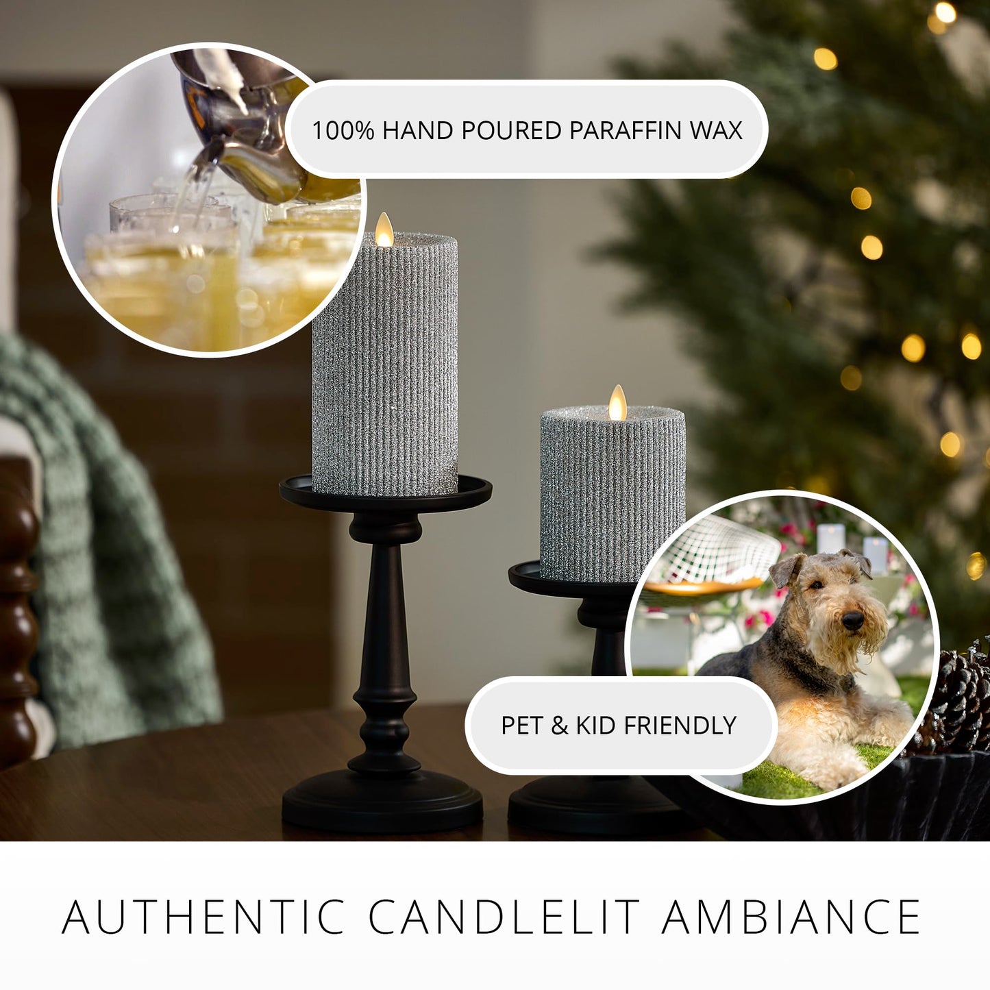 Luminara Brilliant Silver Glitter Ribbed Flameless LED Candle Moving Flame Pillar, Real Wax, Flat Top, Timer (3.25" x 4.5")