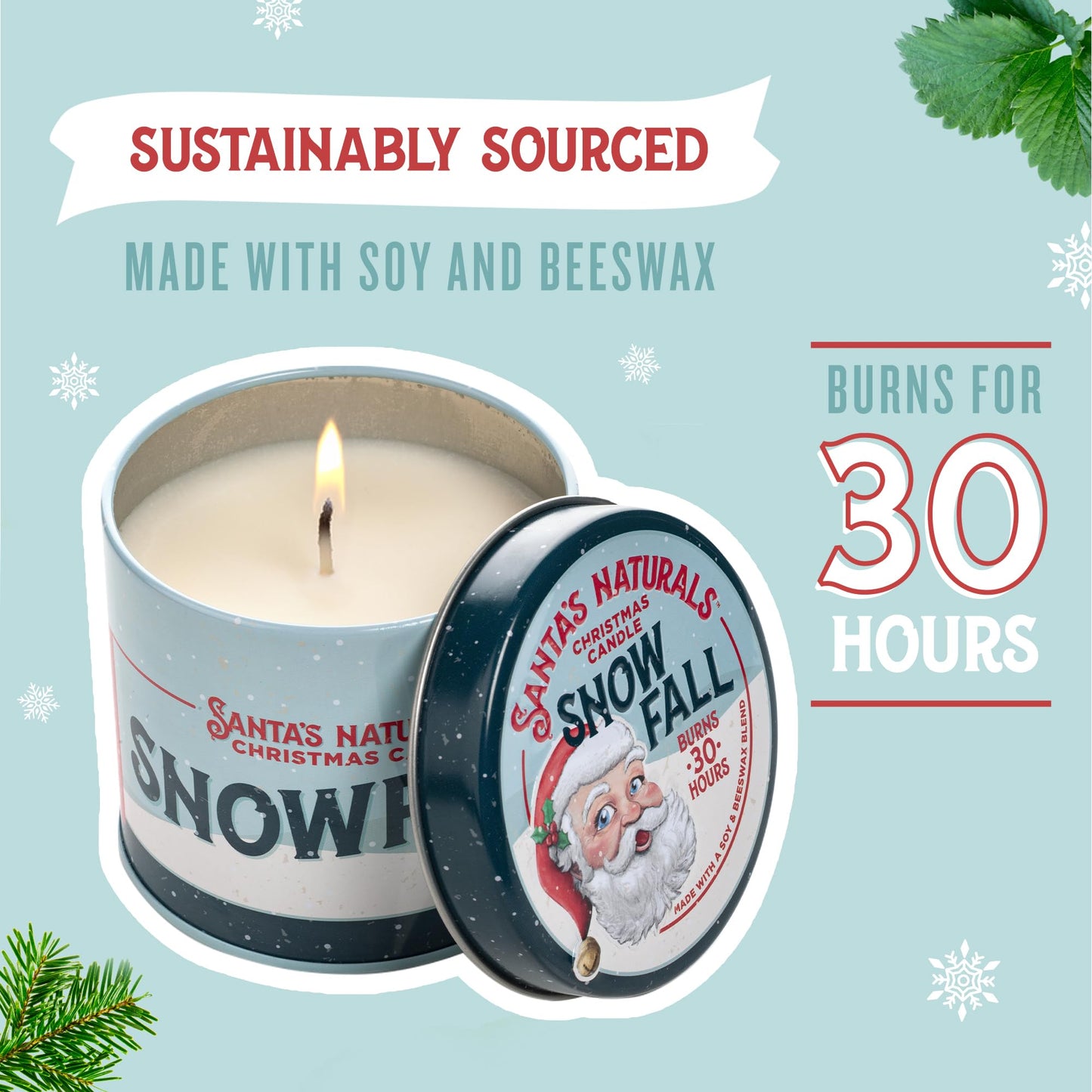 Santa's Naturals Christmas Candle Bundle, Fraser Fir, Winter Berry & Snow Fall Scents, Soy & Beeswax, 30-Hour Burn Time, 9oz, 3-Pack