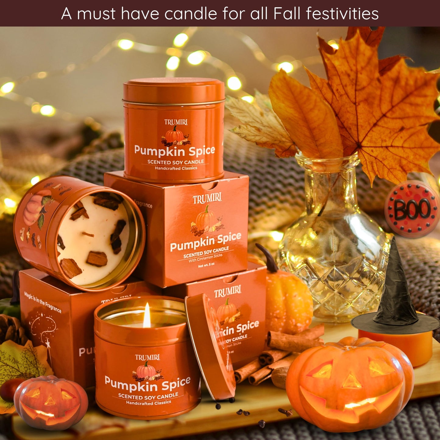 Pumpkin Spice - Cinnamon Soy Candles for Home Scented - for Fall Halloween Thanksgiving Holidays - Pack of 3 x 5oz Natural Clean Non Toxic Long Lasting Highly Scented Candels with Essential Oils
