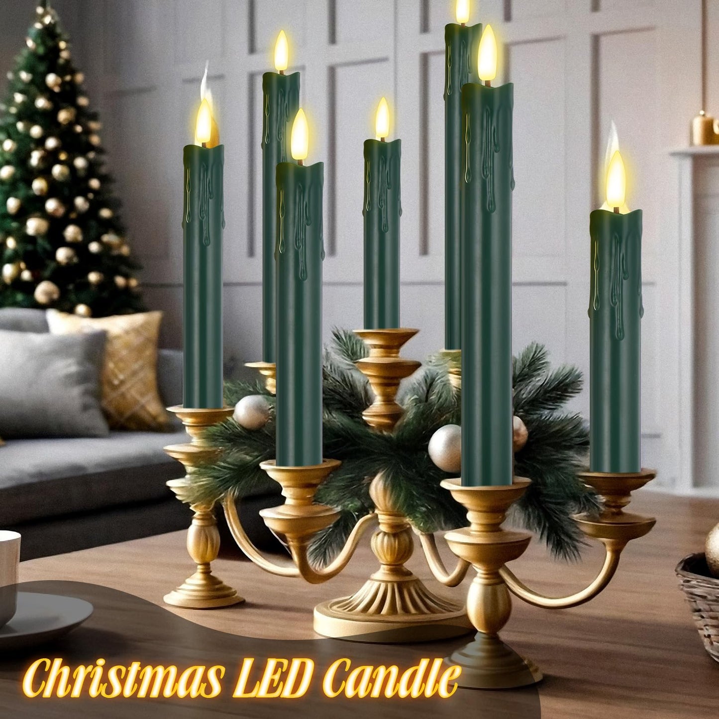 Macarrie 24 Pcs Green Flameless Taper Candles LED Battery Operated 6.5'', 7.7'', 8.8'', 10'' 3D Flickering Flame Candlesticks Drip Wax Shaped Candles for Wedding Birthday Party Decor
