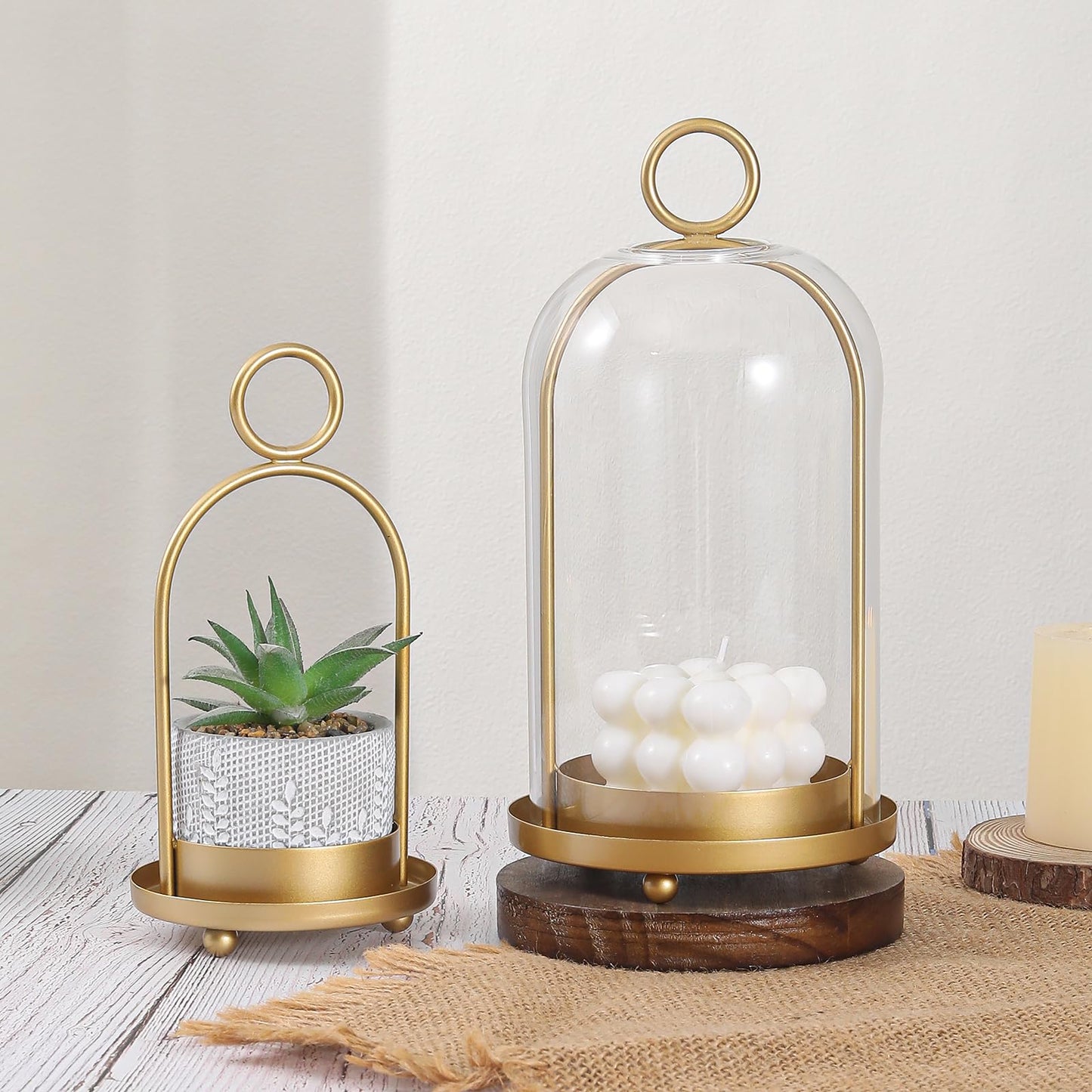 Versatile Metal Candle Holder Set with Handmade Glass Dome,Antique Brass Pillar Candle Stand, 5.2" & 4.1" Wide for Tabletop or Hanging, Industrial & Farmhouse Decor