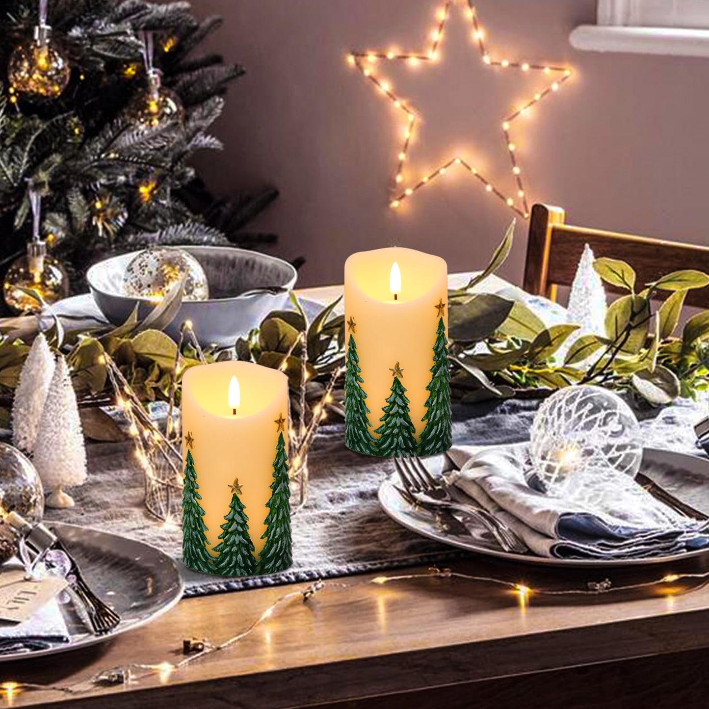 Lasumora Christmas Tree LED Candles with 6H Timer, flameless Candles with Flickering Flame, Waxy Pillar 2 Pack Flickering Star Decor for Fall Christmas Decor (3 inches x 5.7 inches)