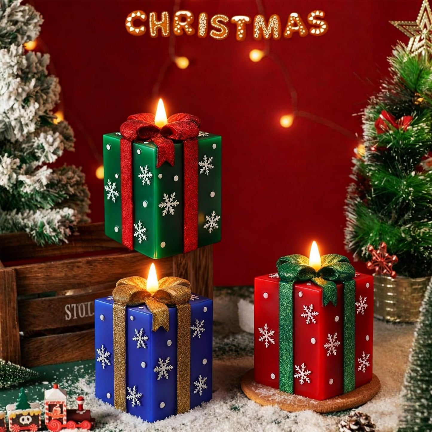 LCZLUMIPRO 3 Pcs Elegant Gift Box Flameless Candles with Remote Timer - Hand-Painted Real Wax LED Candles, Battery Operated for Christmas, Home, Party Decor (Red/Green/Blue)