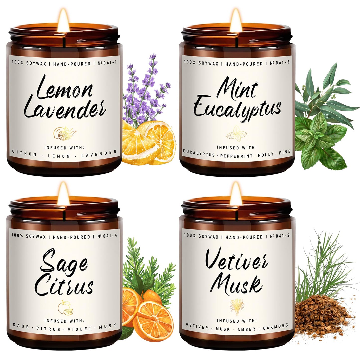 Scented Candles Set | Scented Candle for Home - 4 Pack Candle Gifts, Soy Candles for Home - Aromatherapy Gift of Mint Eucalyptus/Lemon Lavender/Sage Citrus/Vetiver Musk