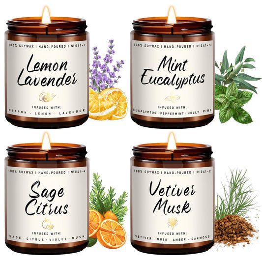 Scented Candles Set | Scented Candle for Home - 4 Pack Candle Gifts, Soy Candles for Home - Aromatherapy Gift of Mint Eucalyptus/Lemon Lavender/Sage Citrus/Vetiver Musk