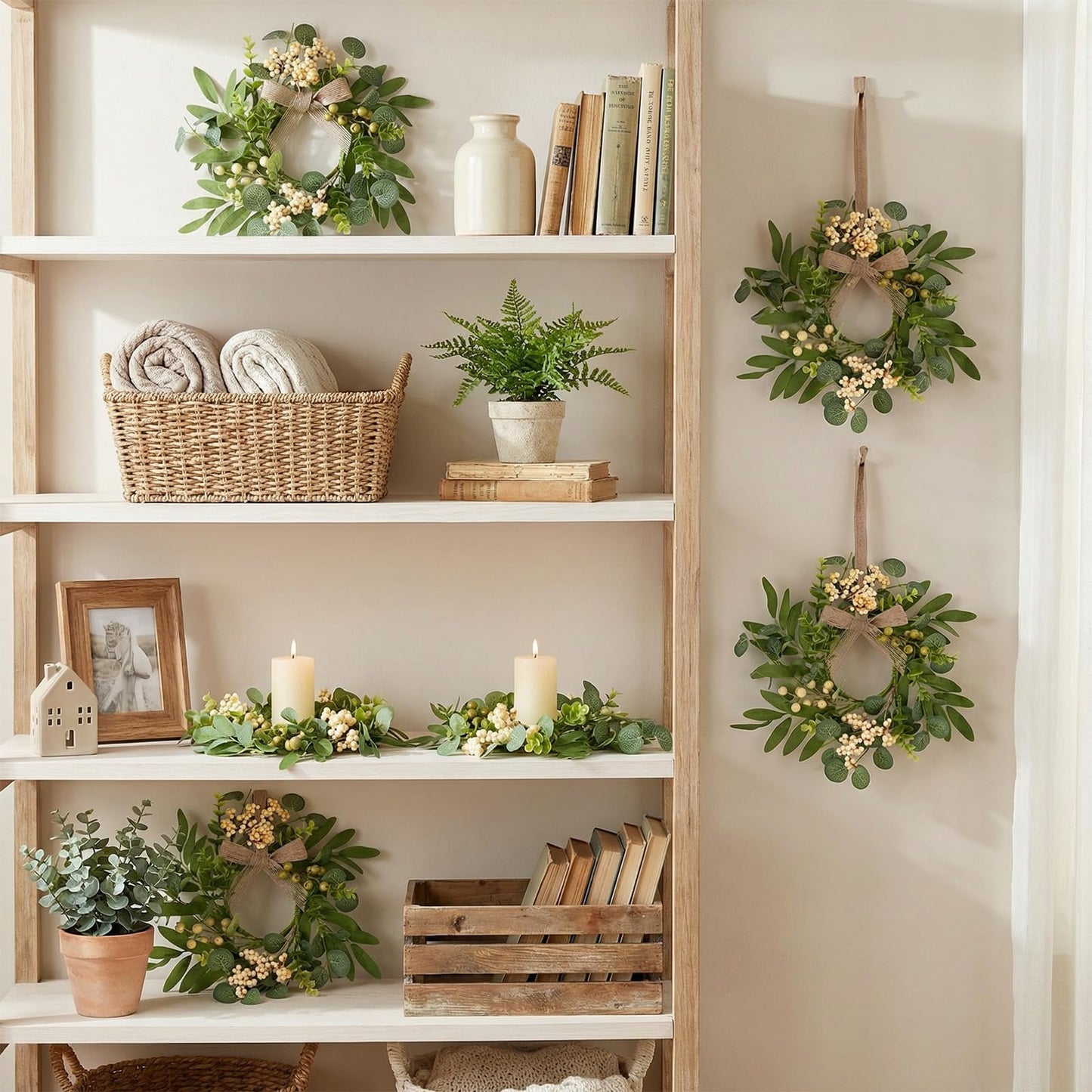 4 Pcs Green Eucalyptus Swag Wreaths for Pillars Spring Summer Kitchen Cabinet Wreaths Mini Green Berry Leaves Wreath with Ribbon for Front Door Porch Wall Window Farmhouse Decoration
