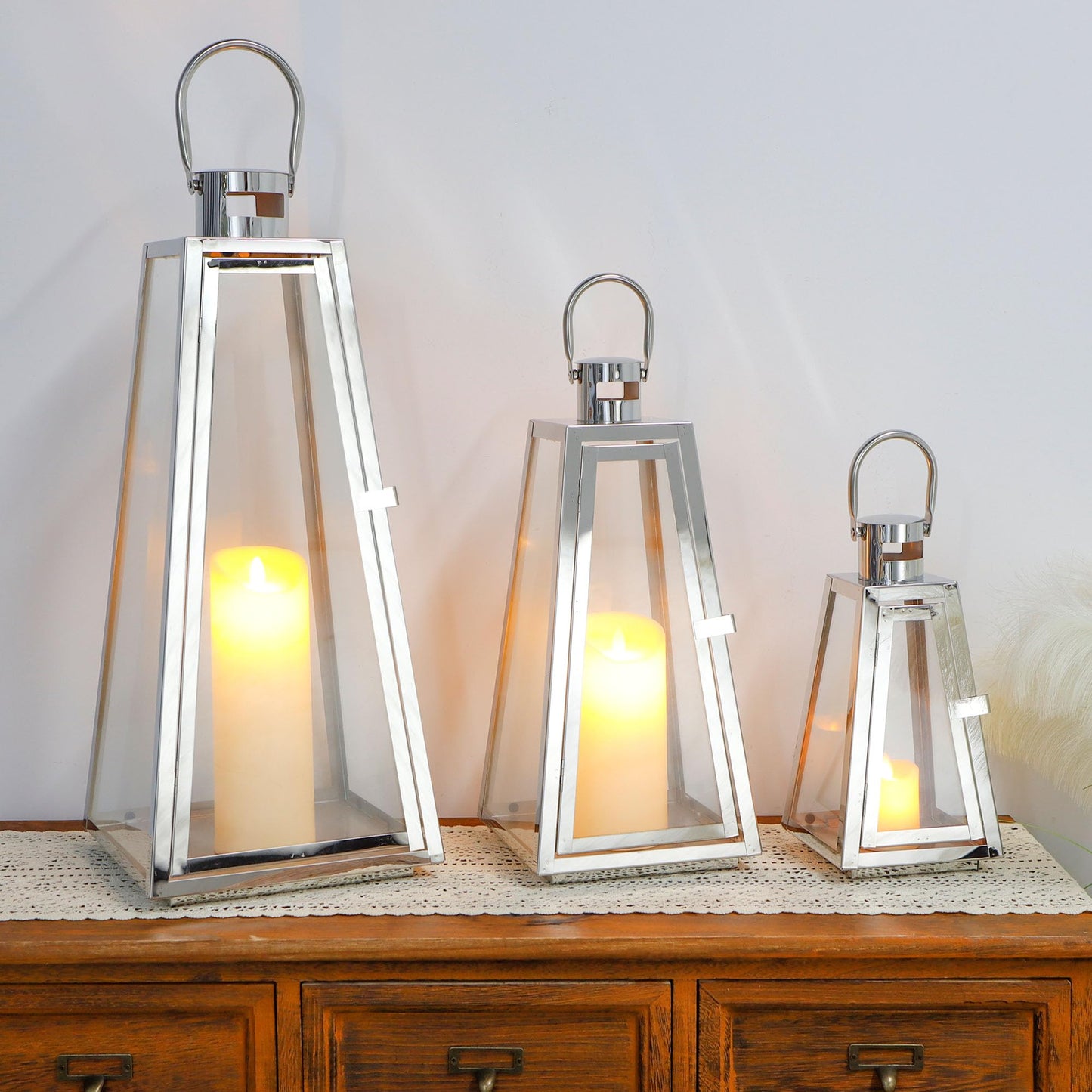 TRIROCKS Set of 3 Stainless Steel Candle Lantern 21''&16''&11'' High Metal Candle Holder with Tempered Glass Panels for Christmas Home Decor Living Room Parties Events Indoors Outdoors (Silver