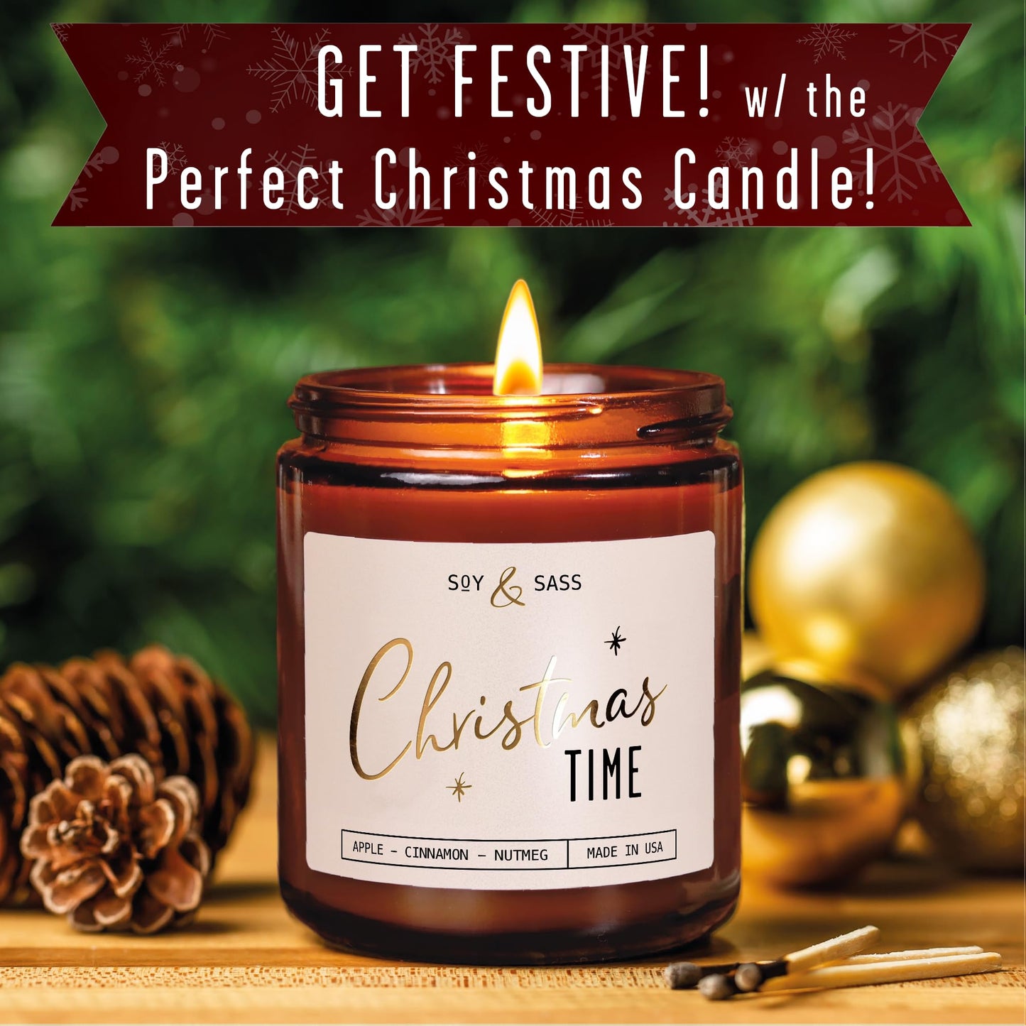 Christmas Candles Scented – ‘Christmas Time’ Soy Christmas Candle, w/Apple, Cinnamon, Clove - Infused with Essential Oils I Holiday Candles I 9oz, 50Hr, Made in USA
