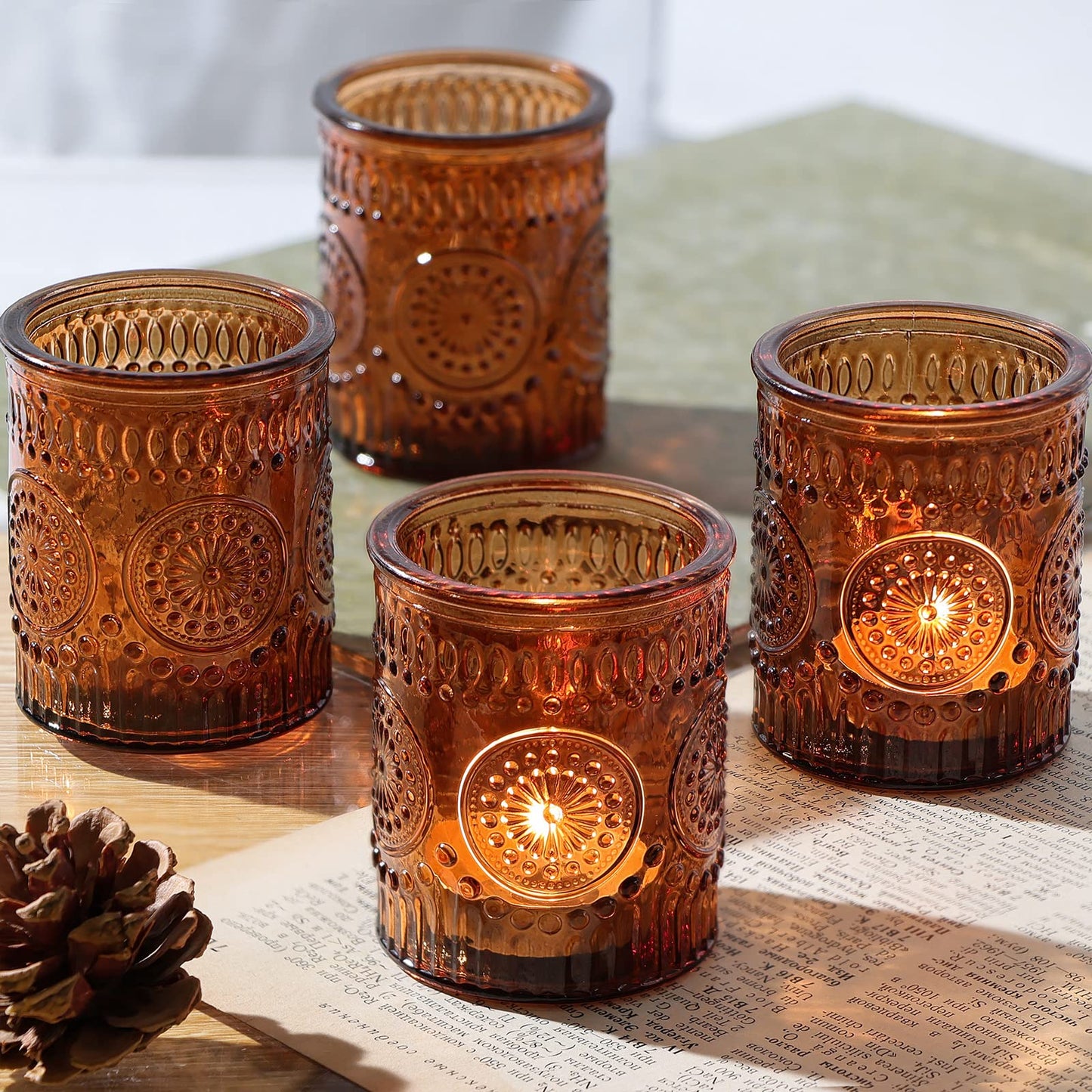 Lanttu Amber Votive Candle Holder Set of 12, Glass Tea Light Candle Holders for Home Table Centerpiece, Dinner Parties, Weddings Decor
