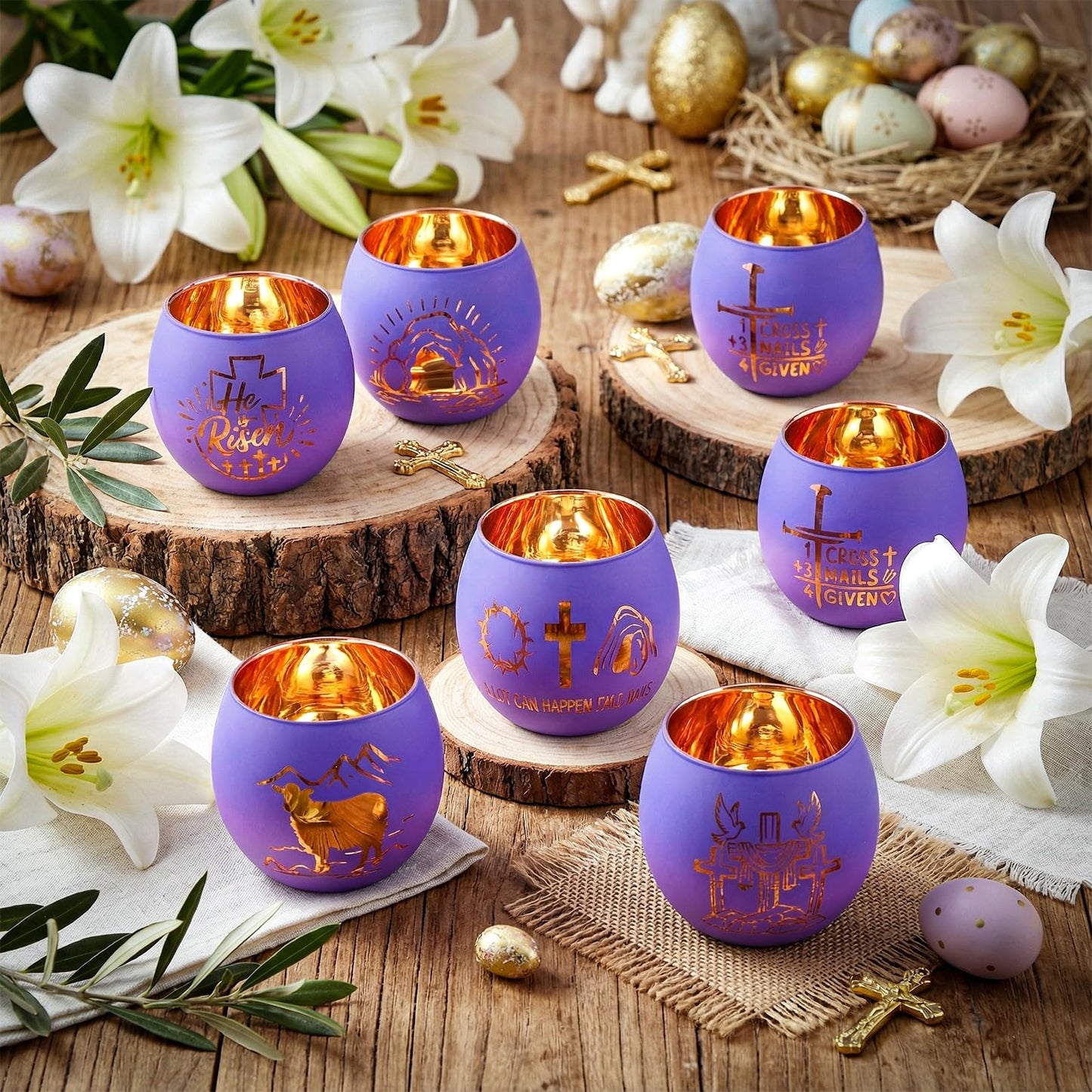 FoldTier 6 Pcs Easter Candle Holders He is Risen Tealight Votive Candle Holder for Table Centerpiece Christian Religious Glass Tealight Votive Easter Tabletop Decor for Home Altar Decoration