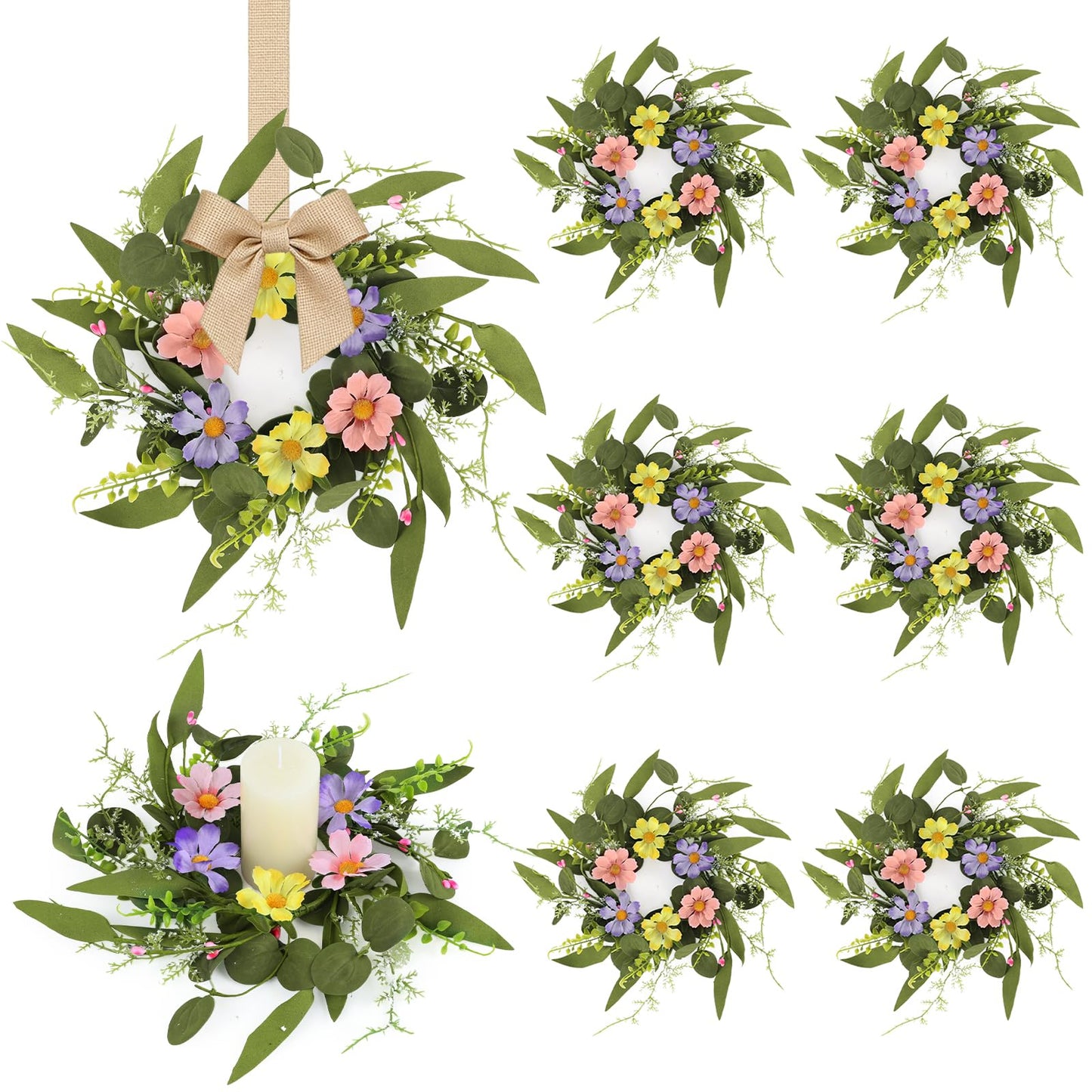 6 Pcs Small Spring Summer Candle Ring Wreaths Artificial Mini Pillar Candle Holder Wreath with Pink Purple Yellow Daisy Flowers and Eucalyptus Leaves for Home Kitchen Table Cnterpieces