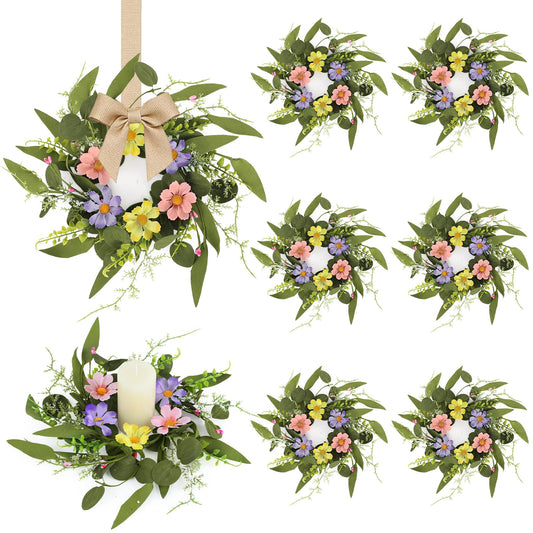 6 Pcs Small Spring Summer Candle Ring Wreaths Artificial Mini Pillar Candle Holder Wreath with Pink Purple Yellow Daisy Flowers and Eucalyptus Leaves for Home Kitchen Table Cnterpieces