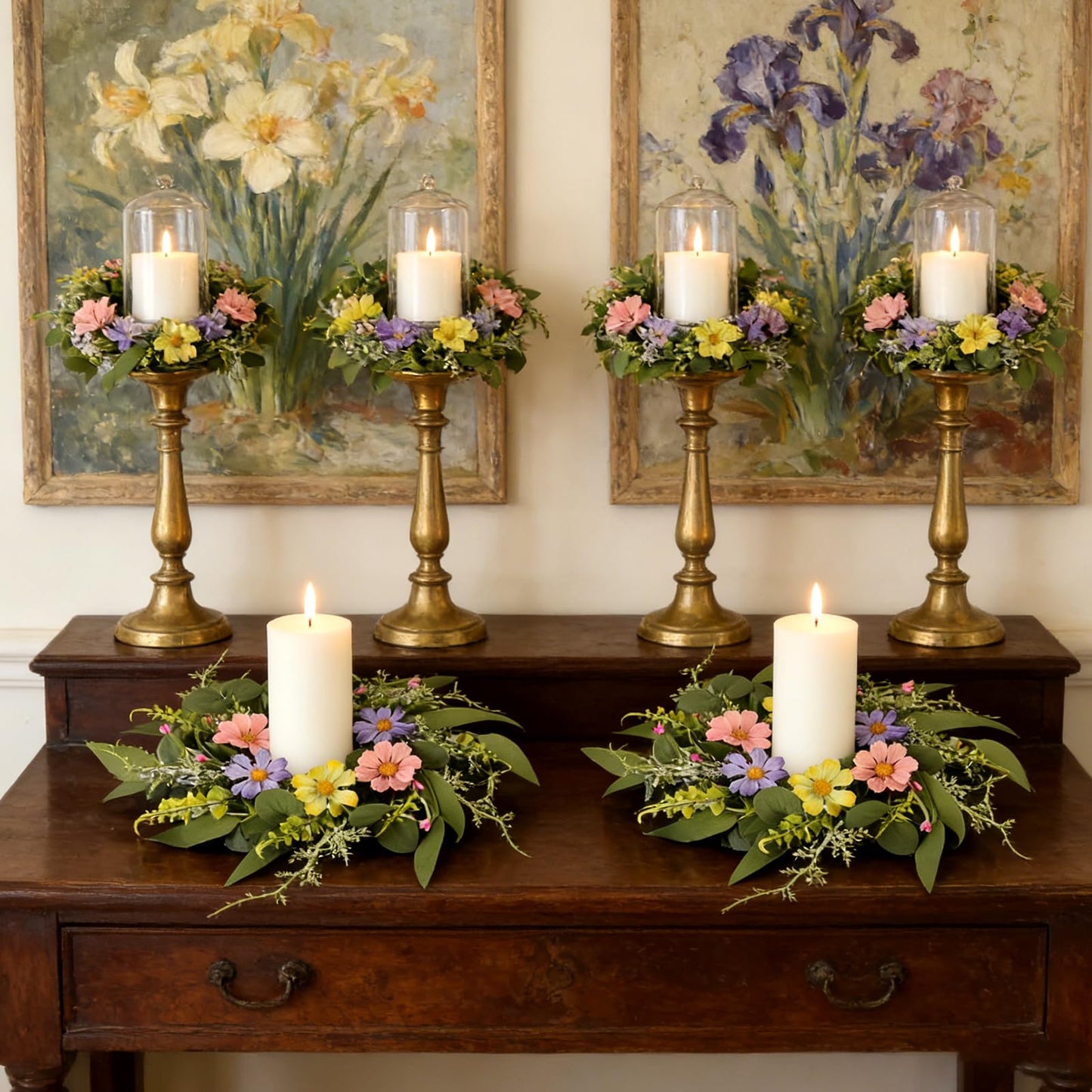 6 Pcs Small Spring Summer Candle Ring Wreaths Artificial Mini Pillar Candle Holder Wreath with Pink Purple Yellow Daisy Flowers and Eucalyptus Leaves for Home Kitchen Table Cnterpieces