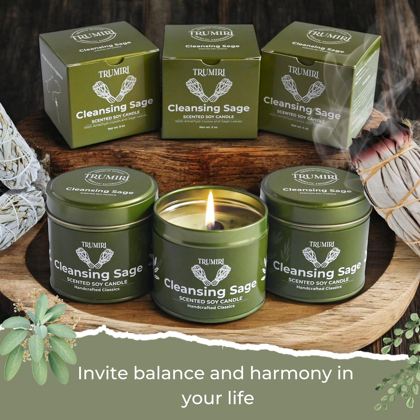 Sage Candle for Cleansing House Negative Energy - Pack of 3 x 5oz Soy Wax Natural Clean Organic Non Toxic - Aromatherapy Spiritual Meditation Gifts - Long Lasting Highly Scented Candel with Crystals