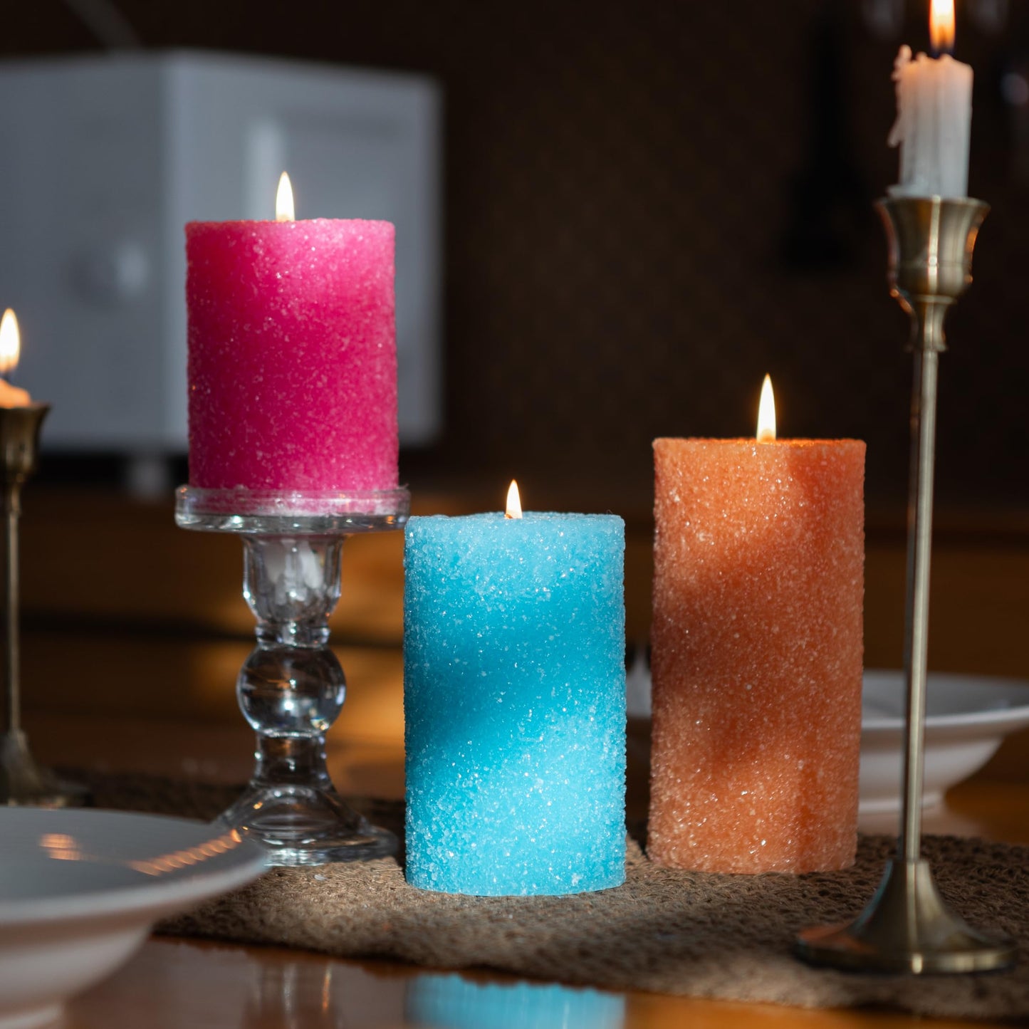 MOZEAL Hand-Poured Granular Texture Decorative Hot Pink Pillar Candles Set of 3 (3"x4", 5", 6"), Dripless, Unscented, Smokeless, for Women Gift, Birthday Party & Playful Valentine’s Décor