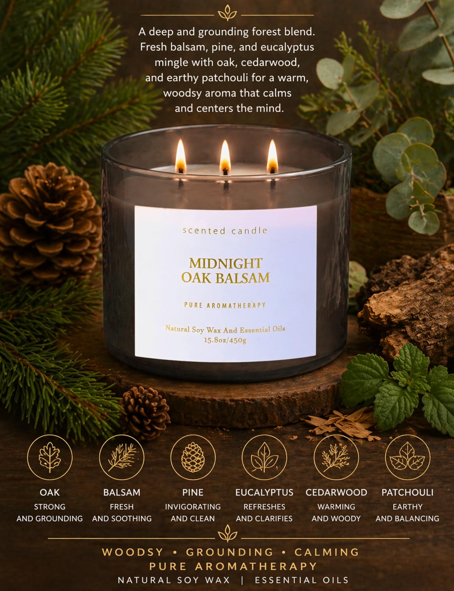 Midnight Oak Balsam 3-Wick Scented Candle | 15.8 oz Large Balsam Cedar Woodsy Soy Wax Candle for Home | Forest Calming Scented Candle | Clean Burning, Long Lasting | Candle Gift for Men & Women