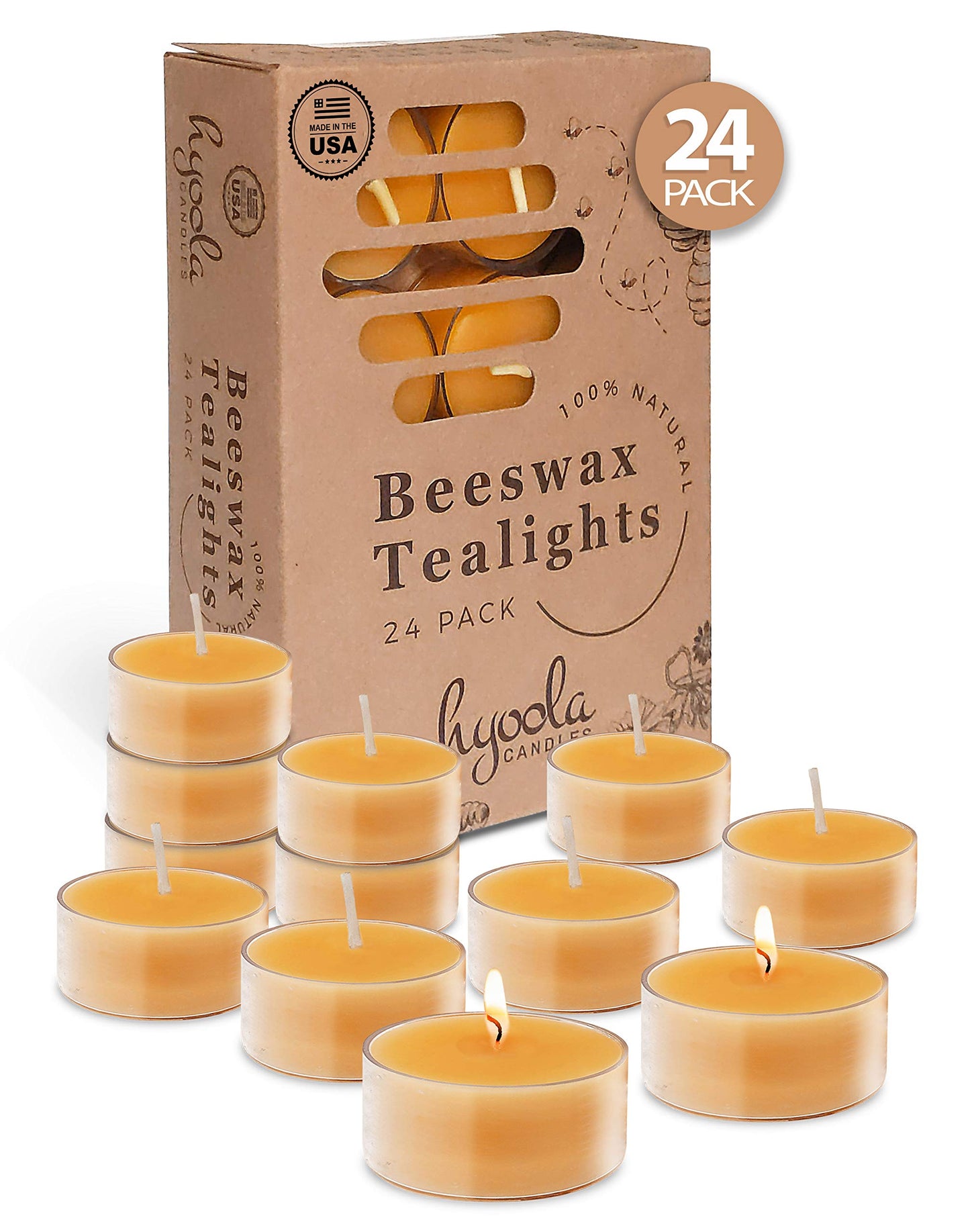 Hyoola Pure Beeswax Tea Lights, Handmade Decorative Unscented, Tealight Candles, 4 Hour Burn Time, Clear Cup (Pack of 24)