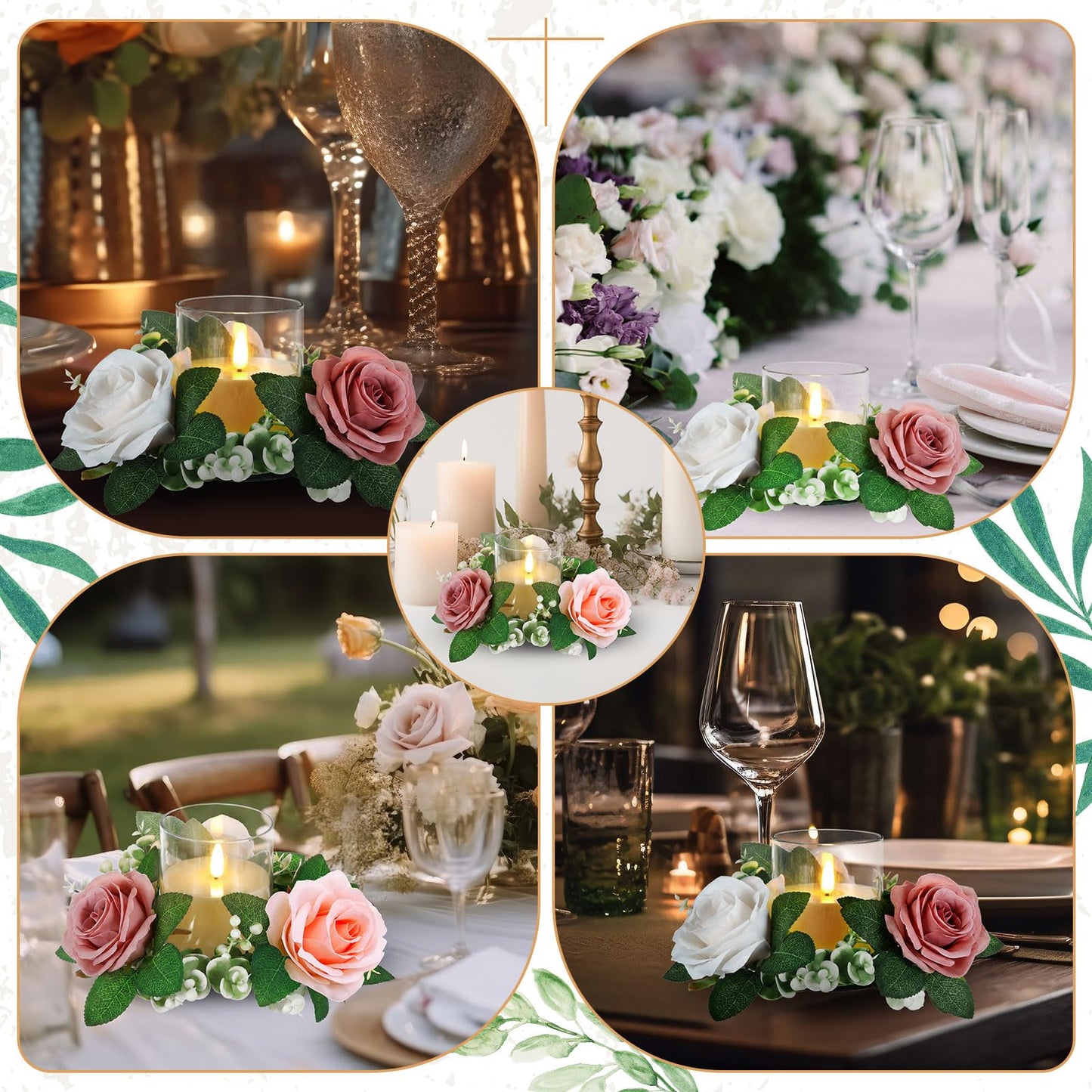 Yunlly 12 Pcs Rose Candle Rings with Flameless Candles Sets, Artificial Flower Eucalyptus Wedding Centerpiece 3 Inch Pillar Candleholders Wreaths for Wedding Party Mother's Day (Pink，White)