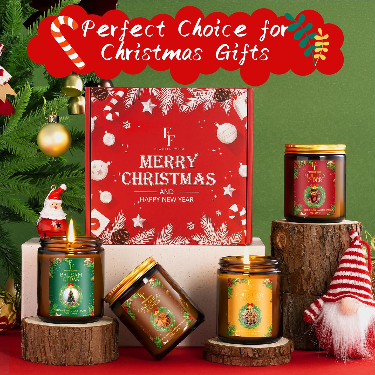 Christmas Candles Set, Scented Candles for Home, 4 Pack Holiday Natural Soy Candles, Christmas Gifts for Women Men, Festival Fragrance of Balsam Cedar/Cookies/Mulled Cider/Cinnamon
