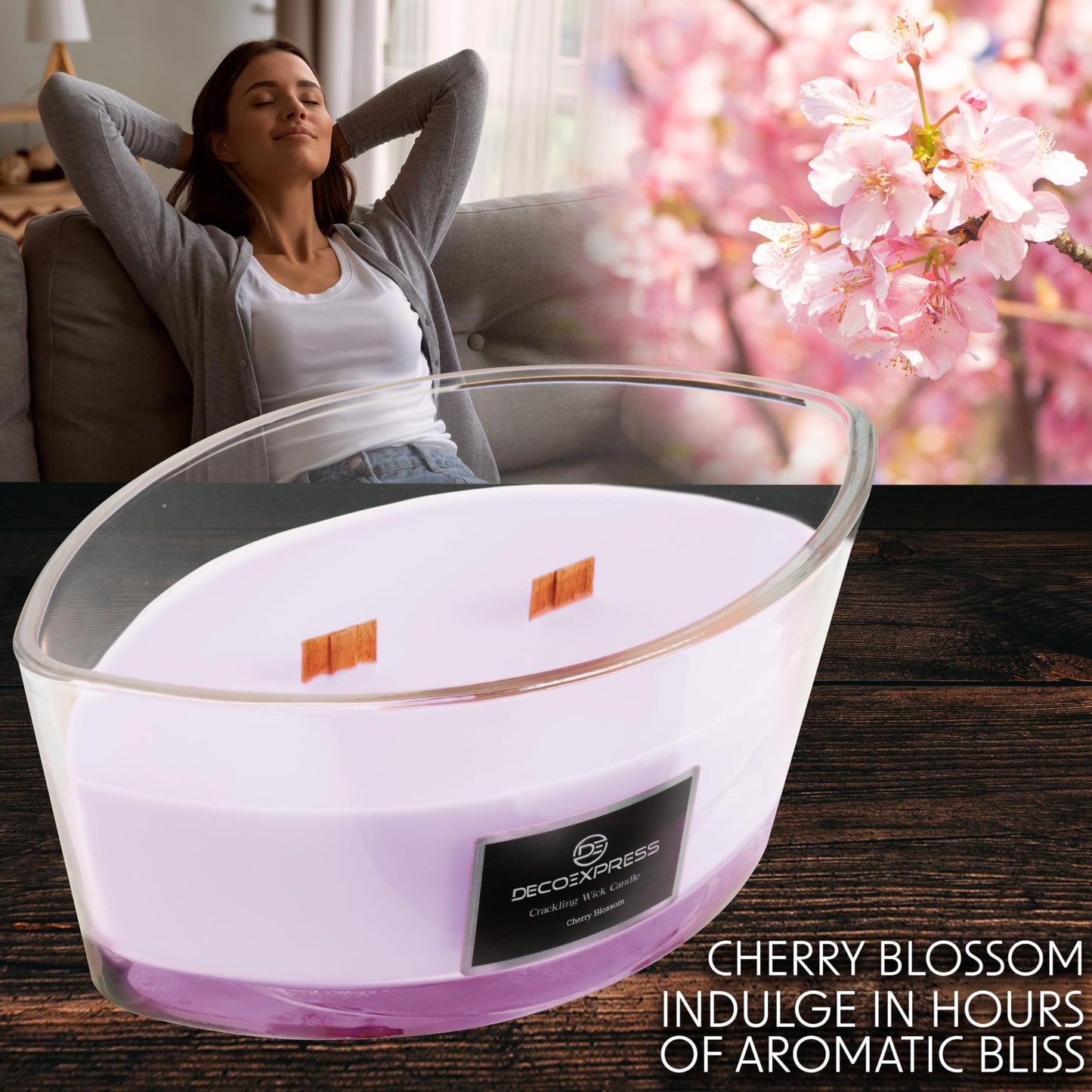 DECO EXPRESS Scented Candles, Crackle Double Wick Candles, Long 50 Hours Burn Time, Home Decor & Gift Ideas (Cherry Blossom)