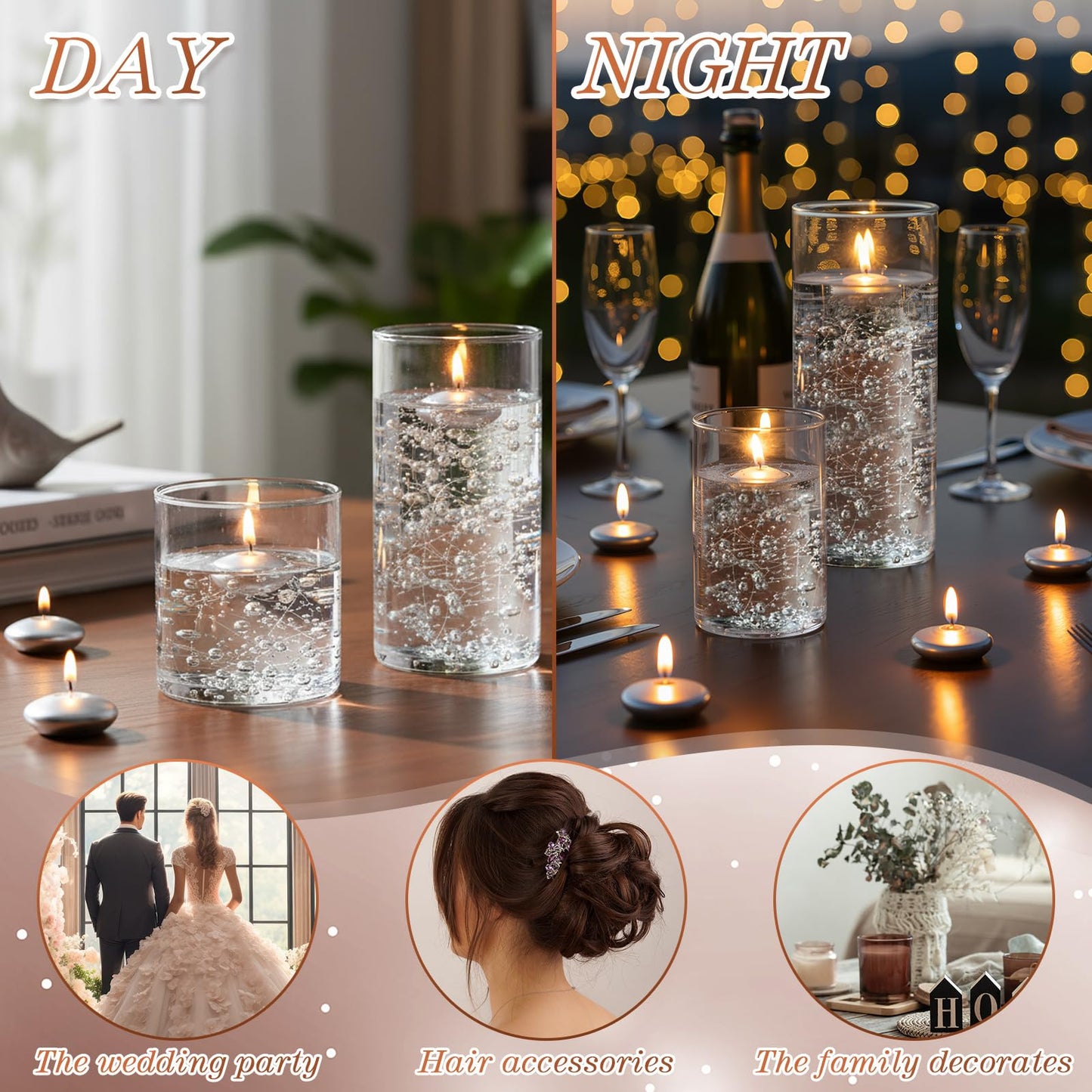 Fumete 40 Pcs Silver Wedding Floating Candles with Pearl Strings, Small Unscented Floating Candles for Centerpieces, Anniversary, Romantic Dinner, Engagement, Spa Bathroom, Home Decoration