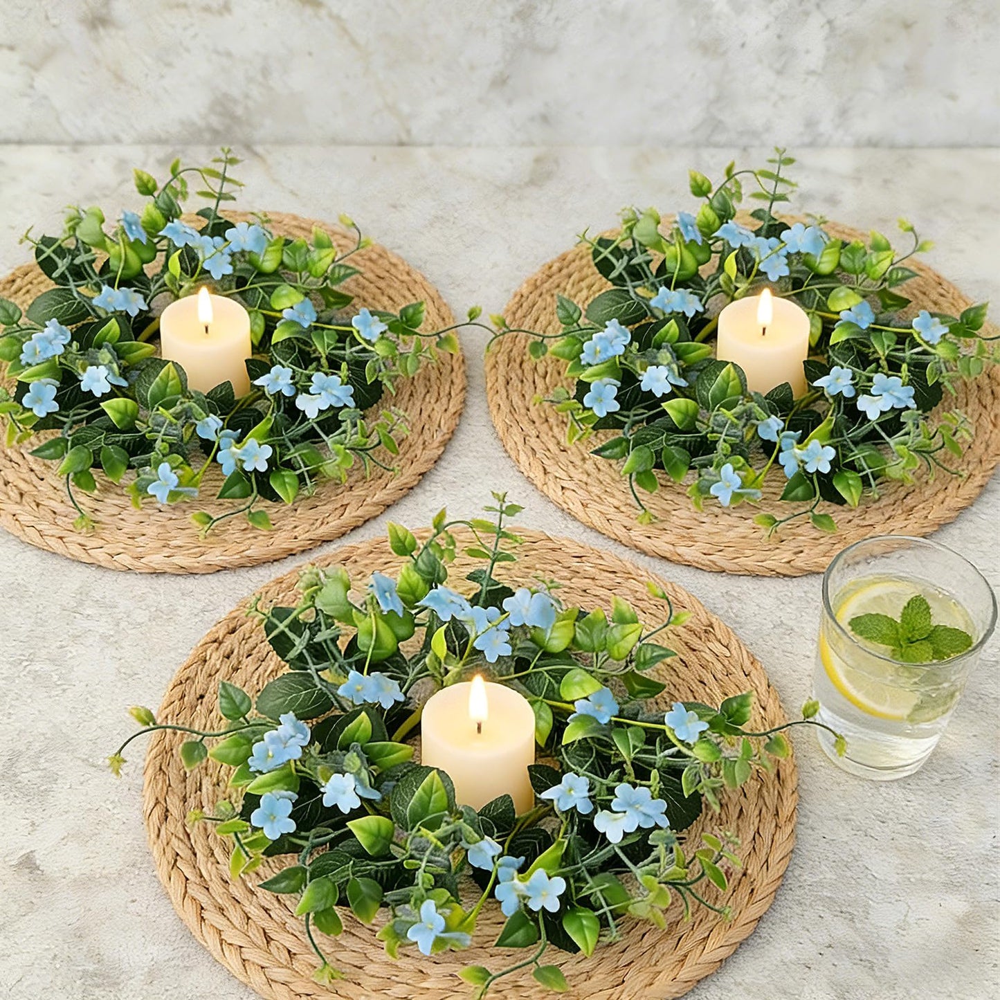 6 Pcs Small Spring Summer Candle Ring Wreaths with Artificial Green Leaves and Trailing Vines Mini Candle Holder Wreath with Blue Flowers for Home Kitchen Table Centerpieces Front Door