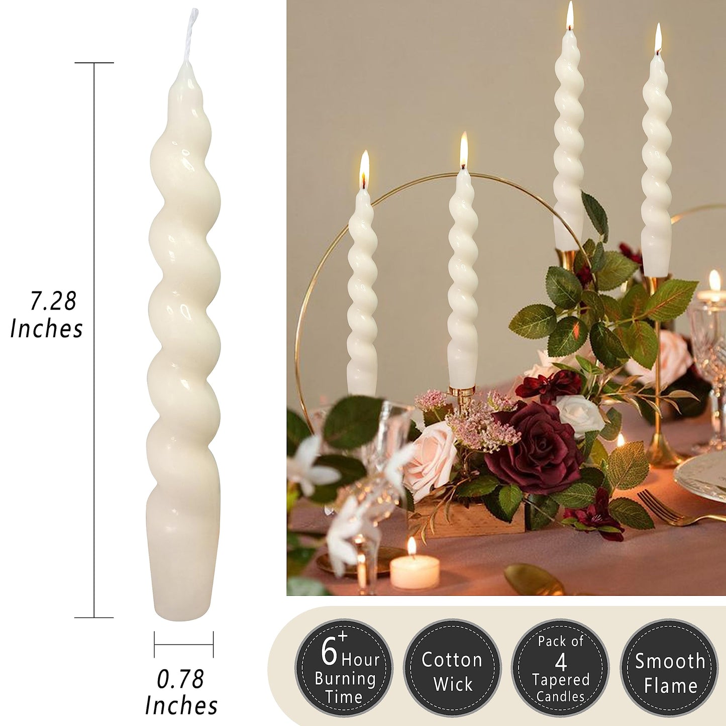 White Spiral Taper Candle Twist Candles Unscented Dinner Christmas Candles Long Lasting Burn Candle Stick Elegant Design for Halloween Home Décor Weddings Party Festive Seasons Holiday