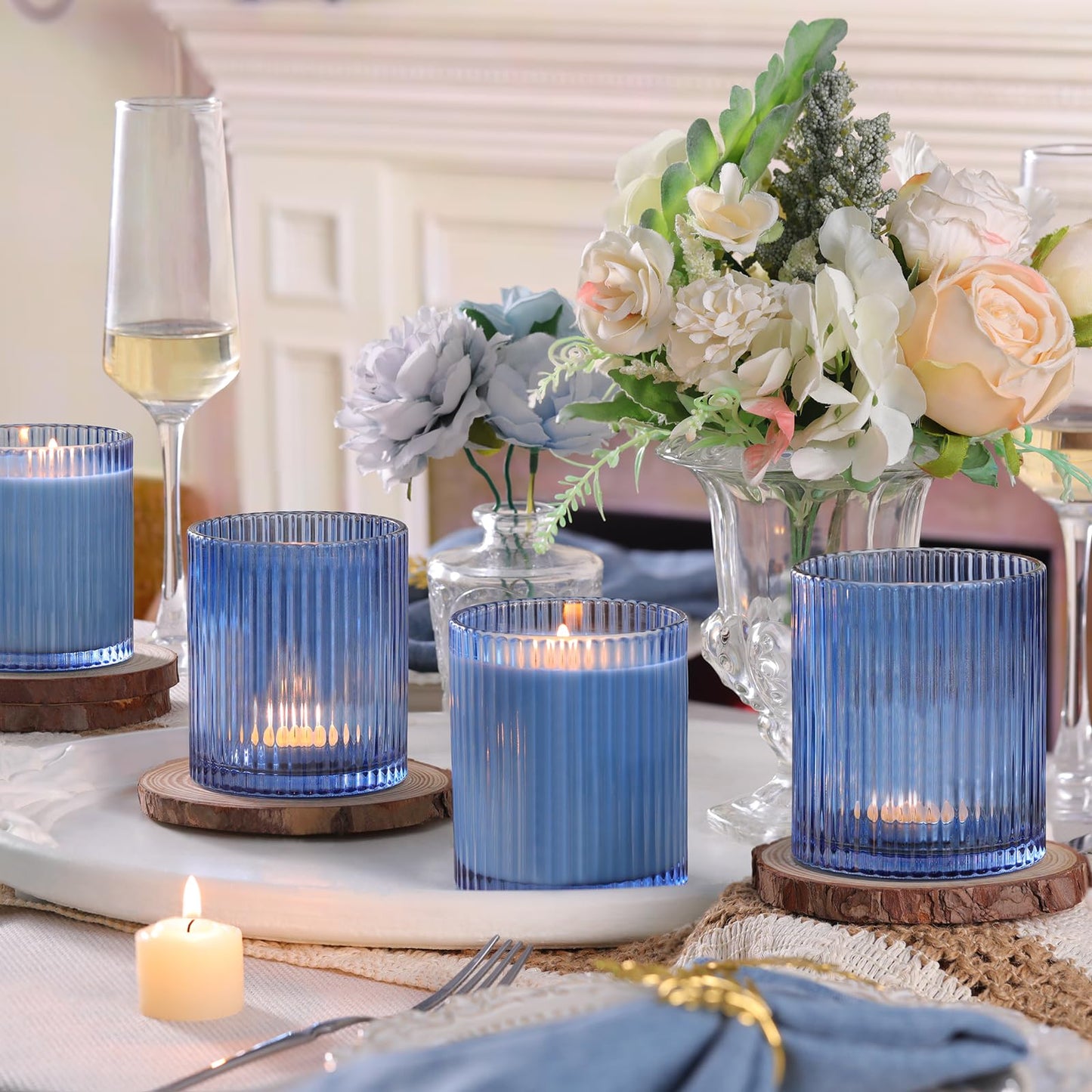 sunnyfuture 10 OZ Blue Candle Jars for Making Candles Set of 8, Ribbed Glass Candle Jars with Wood Lids and Labels, Candle Containers for DIY, Gifts, Home Decoration