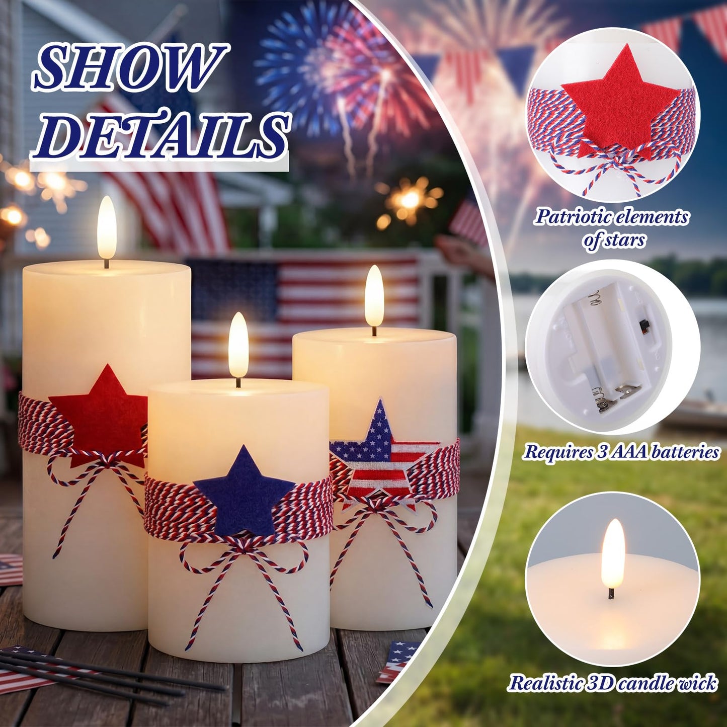 4th of July 4" 5" 6" Flameless Pillar Candles with Remote, Set of 3 Patriotic White Battery Operated LED Candle with Star Felt, Independence Day Decorations for Home Party Table Fireplace