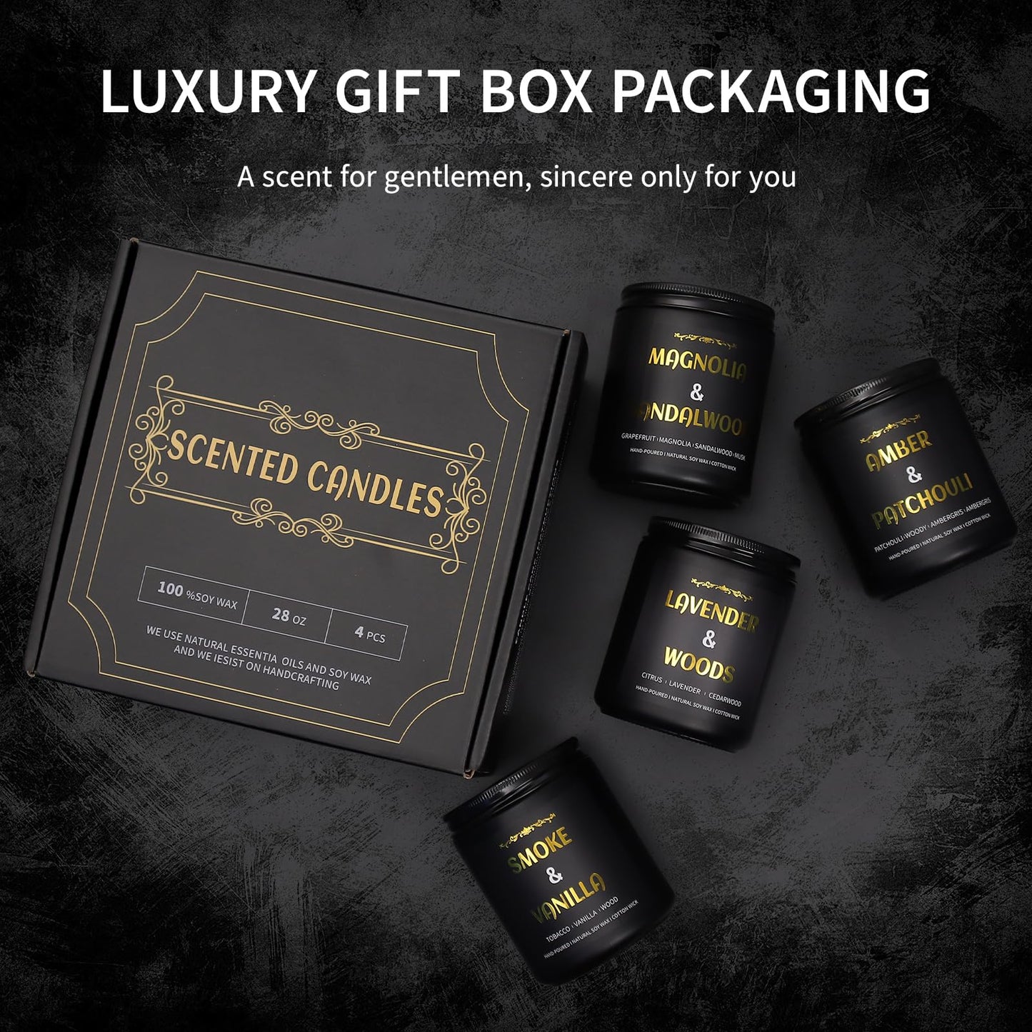 Scented Candles for Men, 4 Pack Mens Candle Gift Set, Relaxation Candles for Home Scented, 28oz Soy Wax Aromatherapy Candles of Lavender/Patchouli/Sandalwood/Smoke & Vanilla