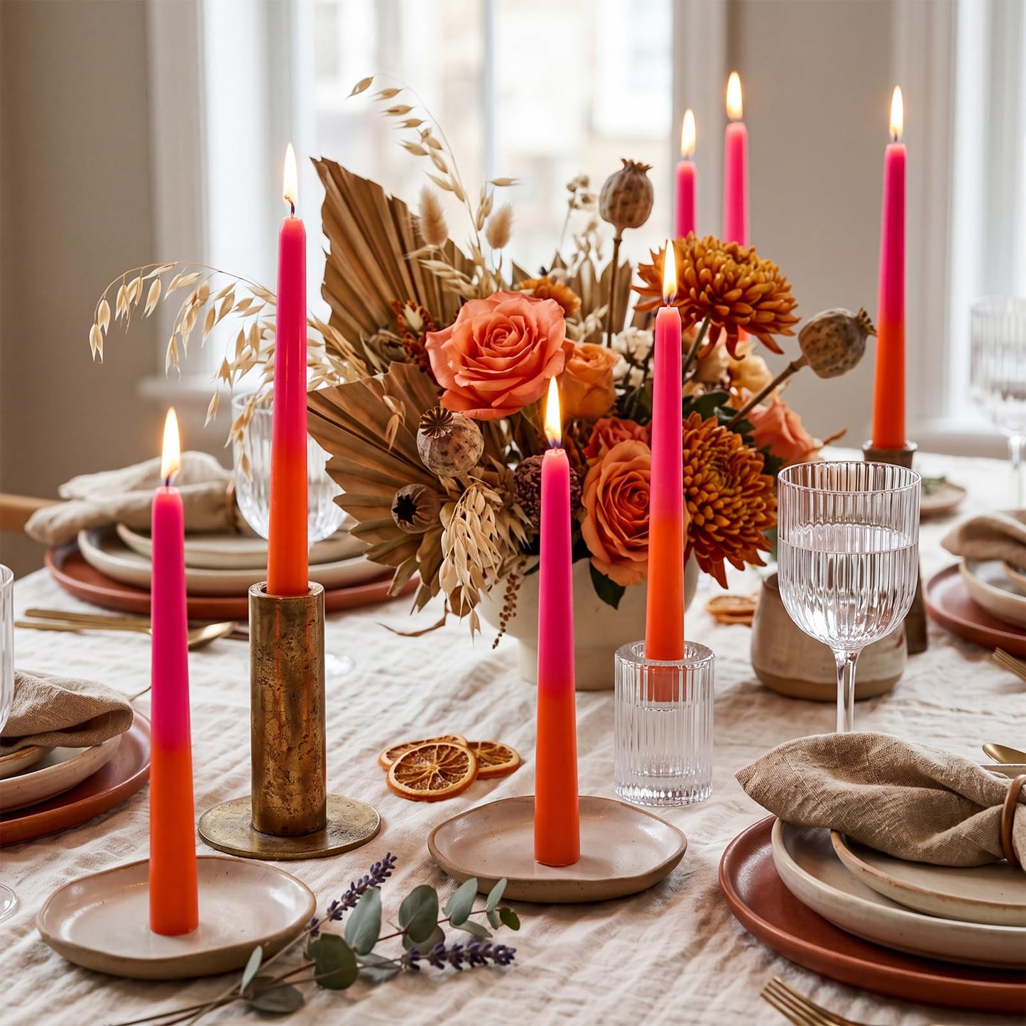 Photect 6 Pcs Pink and Orange Party Taper Candles 10 Inch Gradient Pink Orange Long Candles for Birthday Theme Party Dinner Table Home Bathroom Birthday Decor
